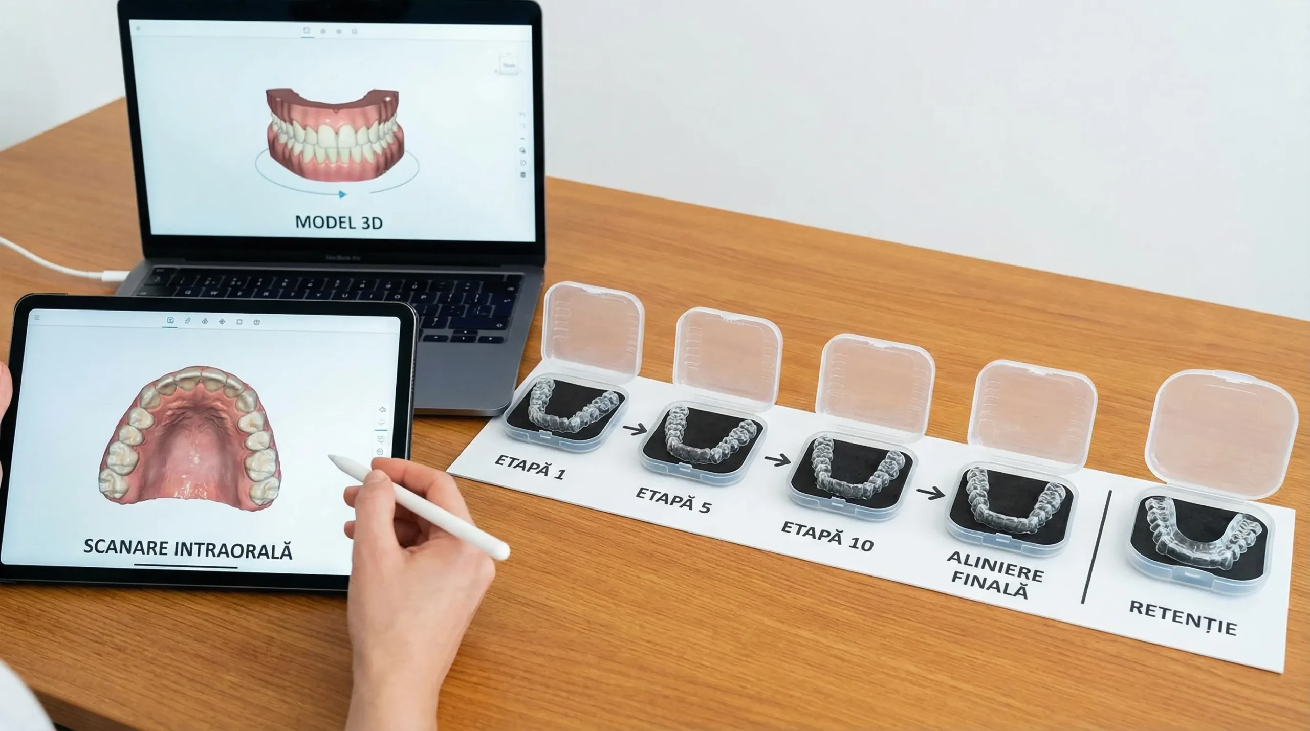 Ilustrație cu un plan de tratament ortodontic digital: scanare intraorală, model 3D al arcadelor, etape succesive de aliniere și faza de retenție, reprezentate ca un flux simplu.