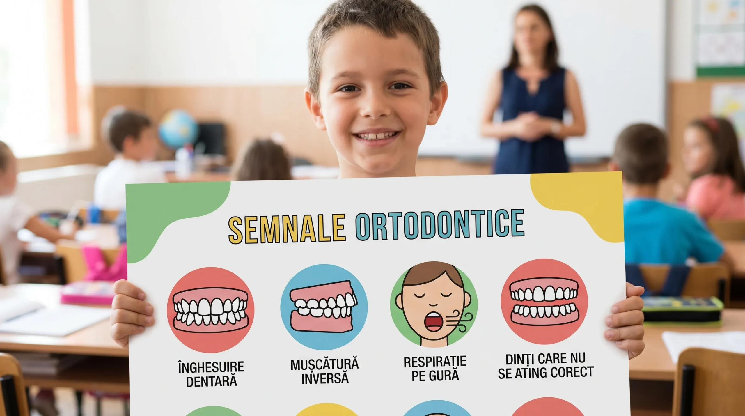 Ilustrație educațională cu un copil zâmbind și pictograme simple care indică semne ortodontice: înghesuire dentară, mușcătură inversă, respirație pe gură, dinți care nu se ating corect.