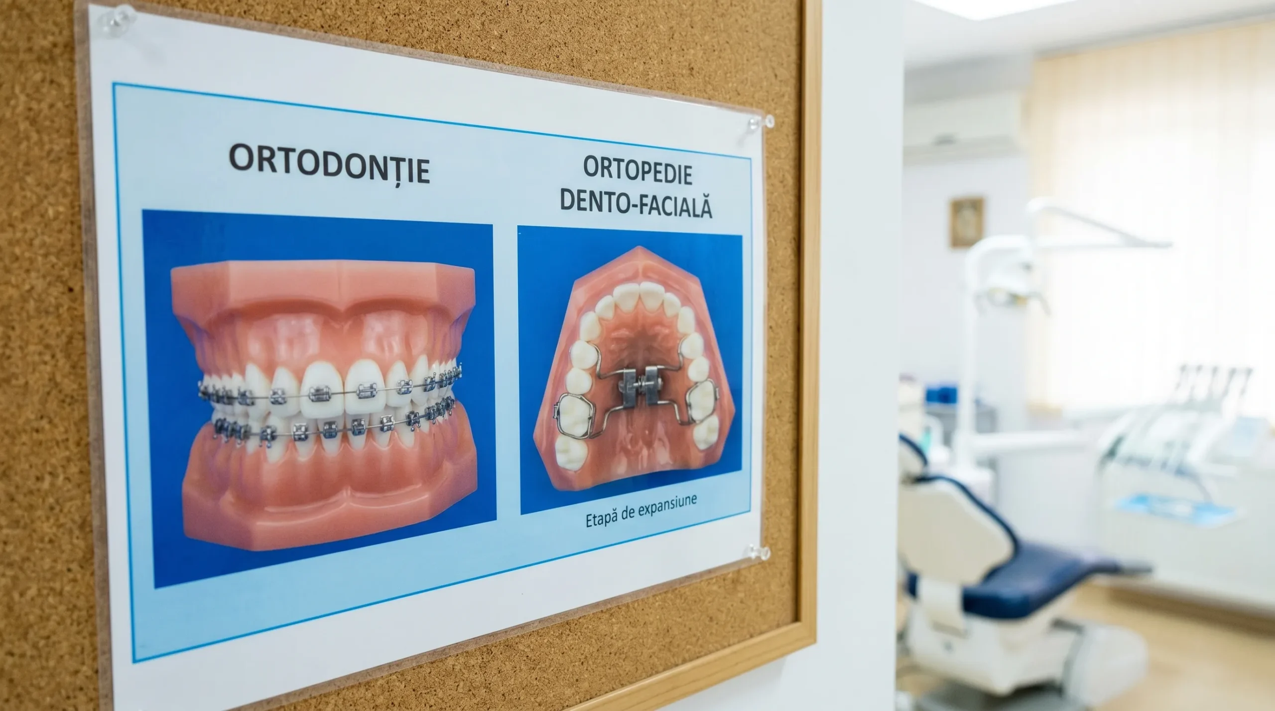 Ilustrație educativă cu două coloane: în stânga dinți aliniați cu aparat ortodontic, în dreapta maxilar îngust corectat printr-o etapă de expansiune; include etichete simple „Ortodonție” și „Ortopedie dento-facială”.