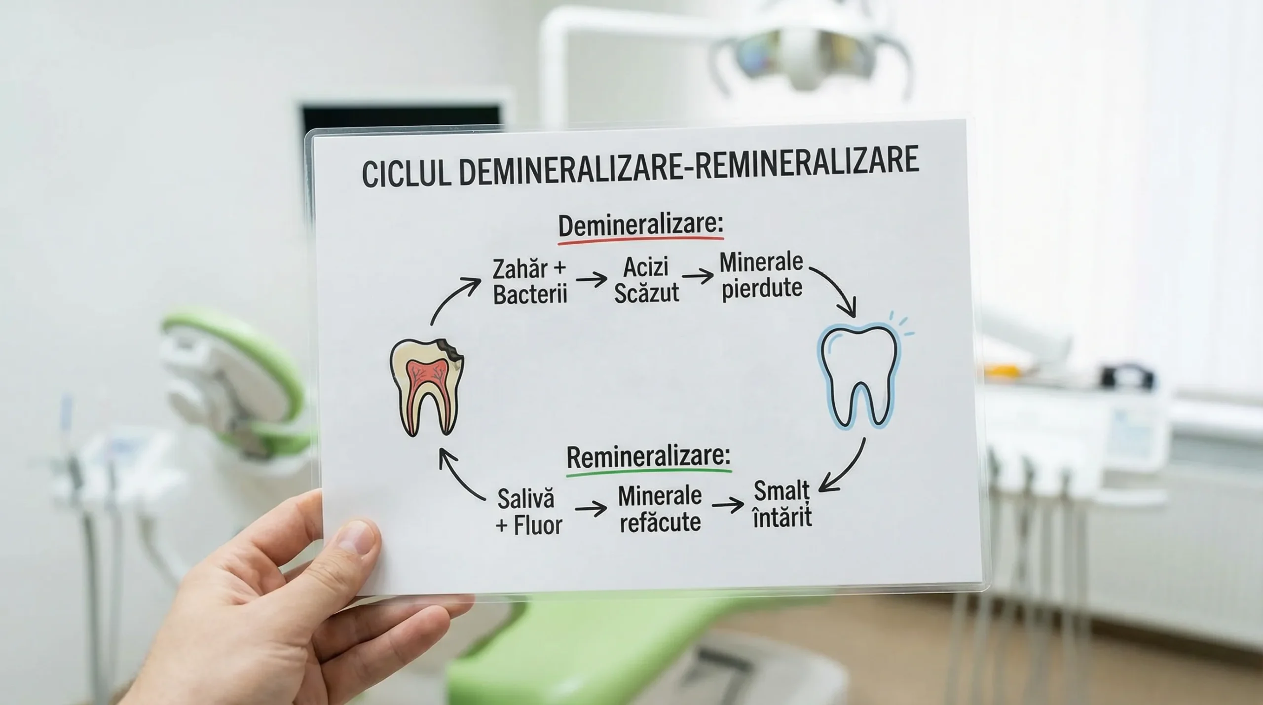 Ilustrație simplă a ciclului demineralizare-remineralizare: zahăr/bacterii produc acizi care scad pH-ul și scot minerale din smalț, apoi saliva și fluorul ajută la refacerea mineralelor și întărirea smalțului.