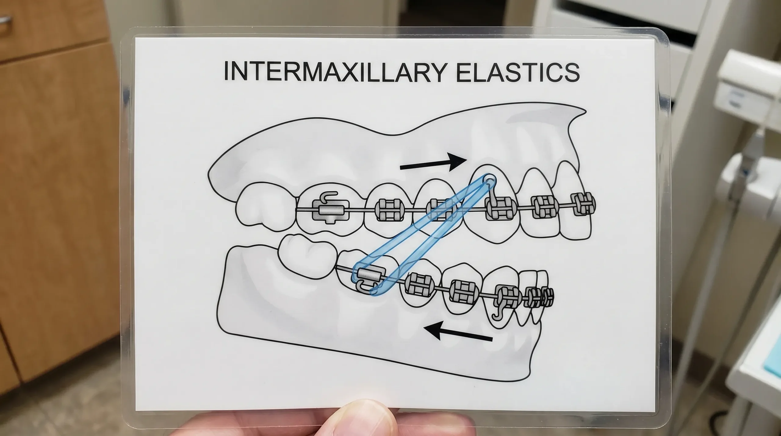 Ilustrație simplă cu două arcade dentare (sus și jos), aparat dentar fix și elastice intermaxilare prinse între cârlige marcate, cu săgeți care arată direcția forței.