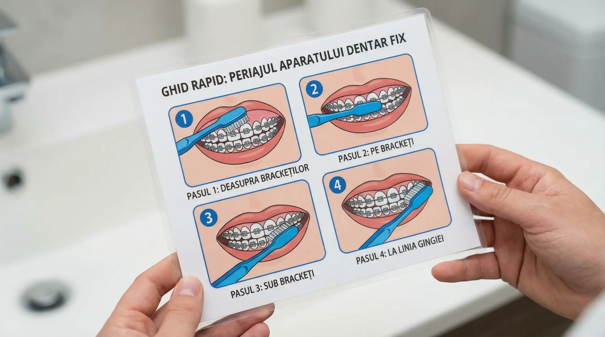 Ilustrație simplă în 4 pași cu periajul corect la aparat dentar fix: deasupra brackeților, pe brackeți, sub brackeți și la linia gingiei, cu o periuță mică.