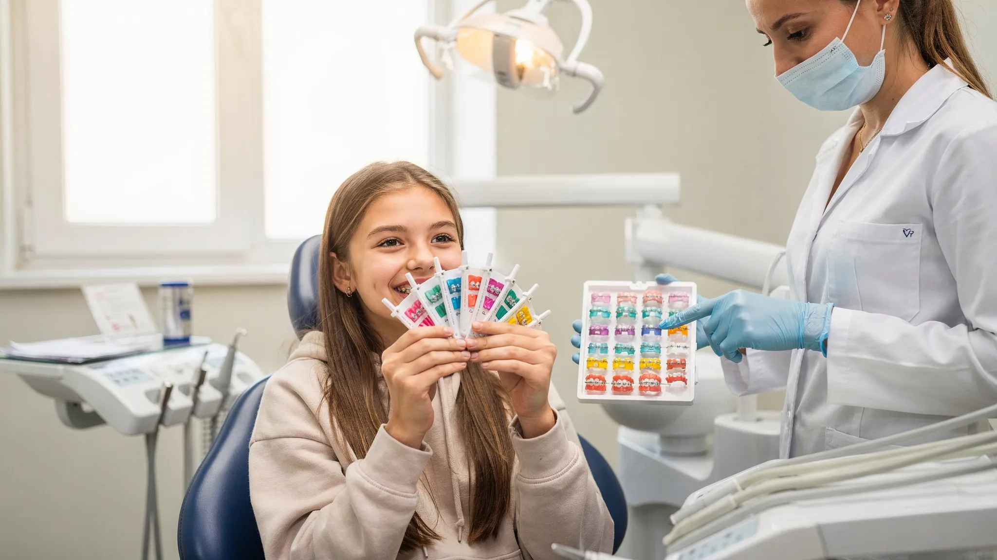 O adolescentă într-un cabinet stomatologic alege dintr-o paletă de elastice colorate pentru aparat dentar, în timp ce medicul îi arată opțiuni de combinații care avantajează zâmbetul.