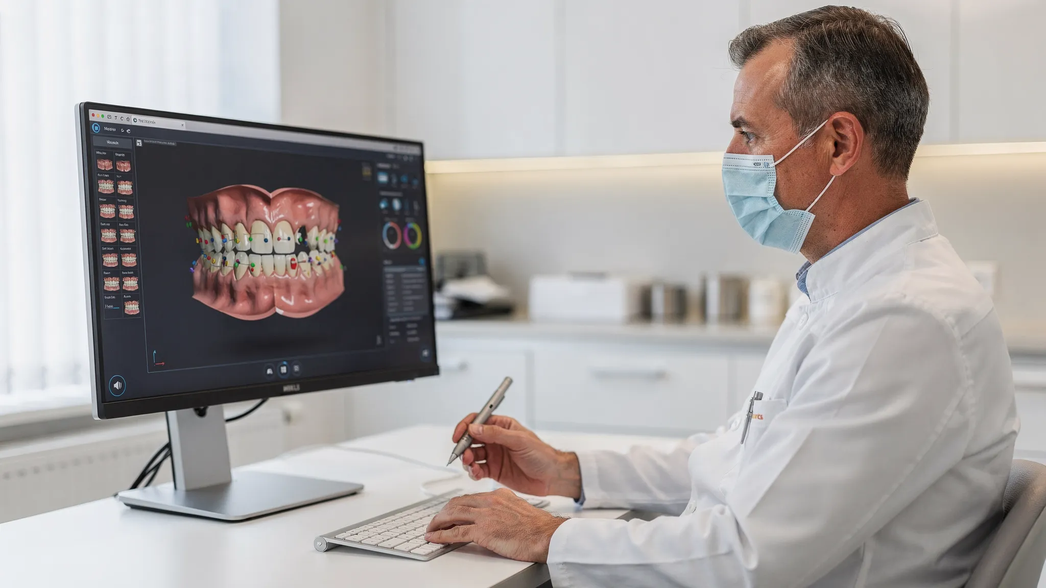 Ortodont într-un cabinet modern, analizând un plan de tratament 3D pe un monitor orientat corect spre el, cu o scanare digitală a arcadelor dentare vizibilă pe ecran.