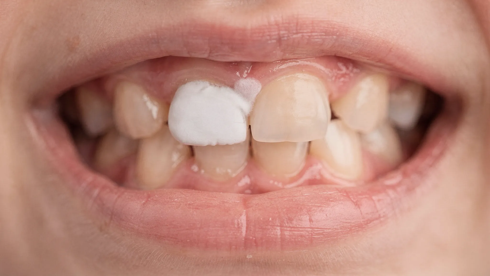Prim-plan cu dinți de copil, unde se vede o zonă alb-mată pe smalț lângă gingie, sugestivă pentru demineralizare incipientă; lumină naturală, fundal neutru.