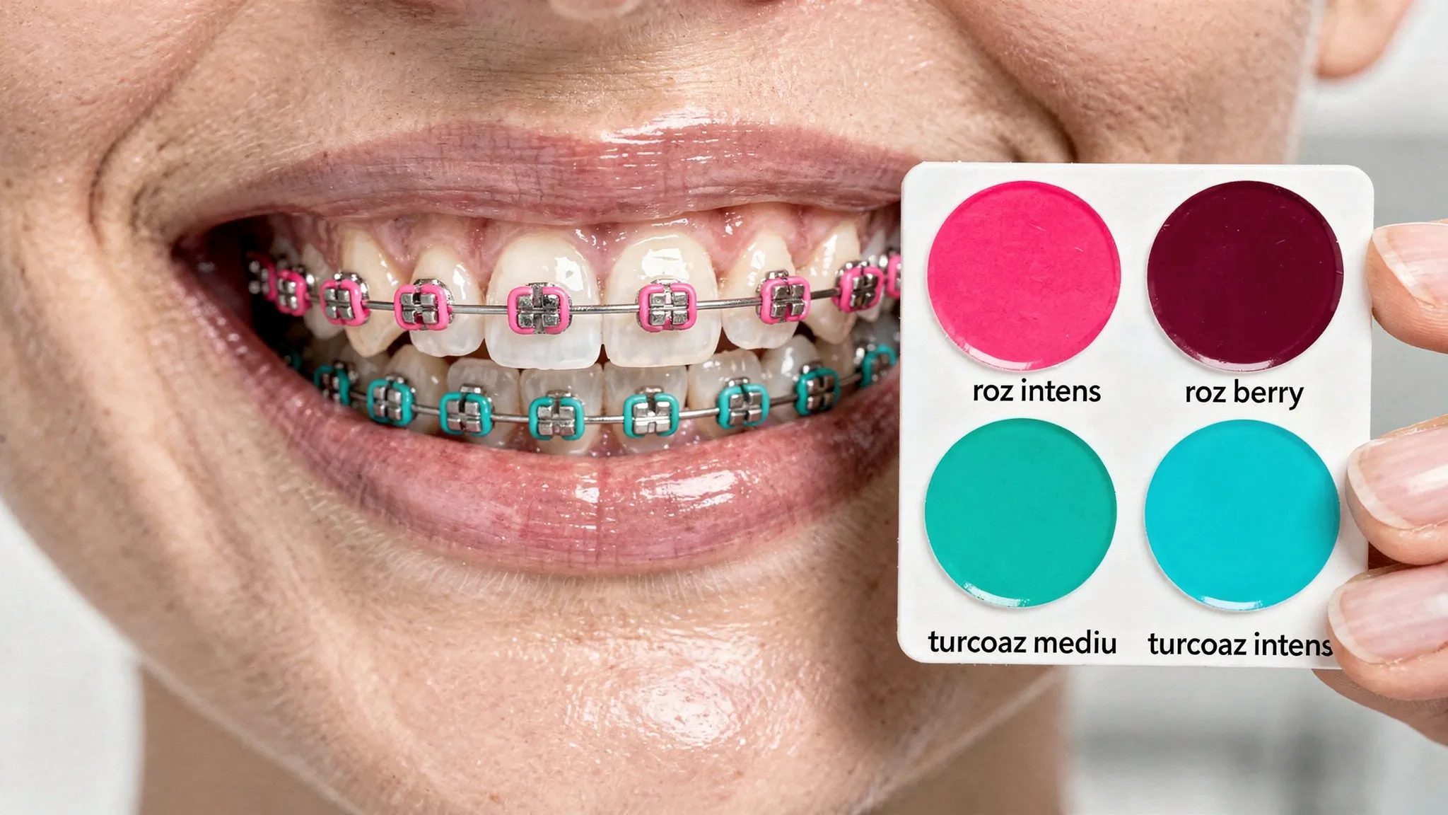 Prim-plan cu un zâmbet care poartă aparat dentar fix, ligaturi elastice alternând roz și turcoaz, alături de o mică paletă cu 4 nuanțe (roz intens, roz berry, turcoaz mediu, turcoaz intens) pentru comparație.