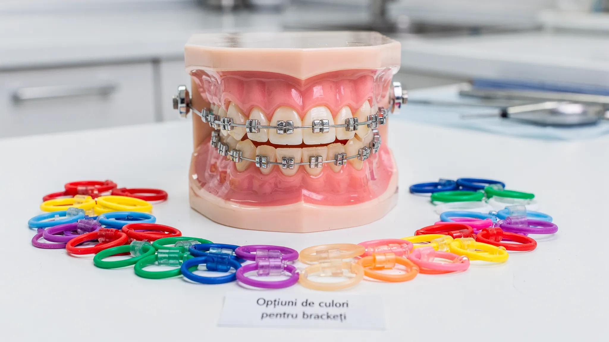 Un model dentar cu brackeți metalici și elastice în mai multe culori, așezate ca o paletă, pentru a ilustra opțiunile de personalizare ale aparatului dentar fix.