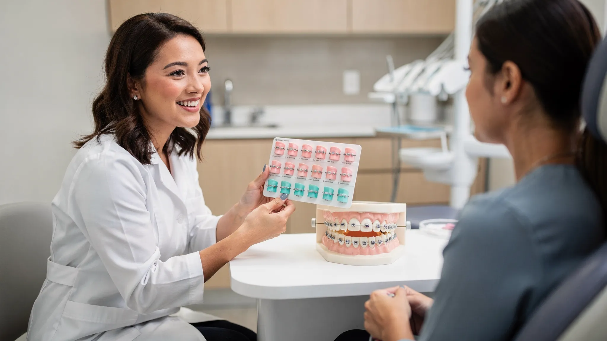 Un ortodont într-un cabinet modern arată unui pacient o paletă de culori pentru ligaturi elastice (roz și turcoaz) lângă un model dentar cu brackets, într-un context de consultație prietenoasă.
