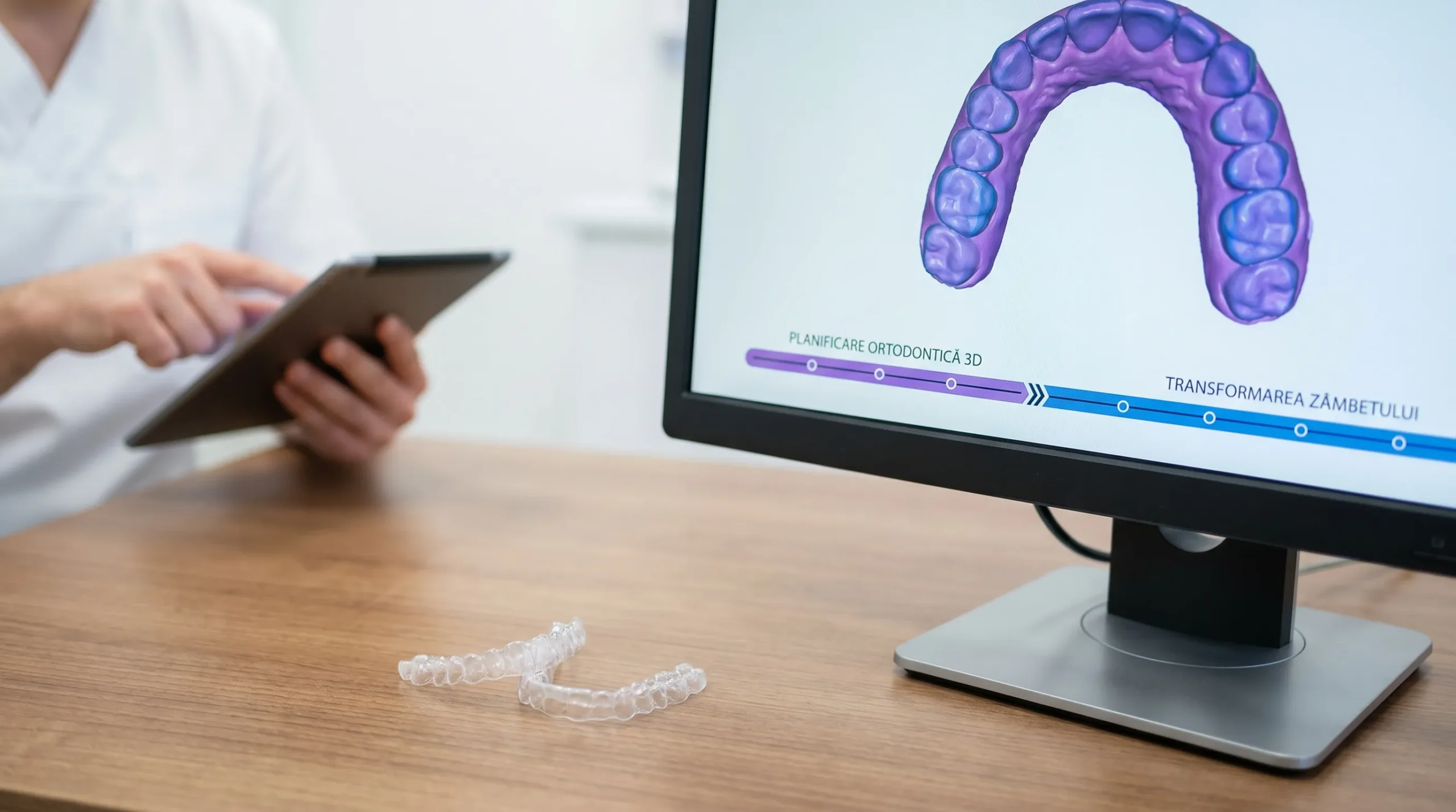 Alignere transparente așezate lângă o arcadă dentară modelată digital, sugerând transformarea treptată a zâmbetului prin planificare ortodontică 3D.