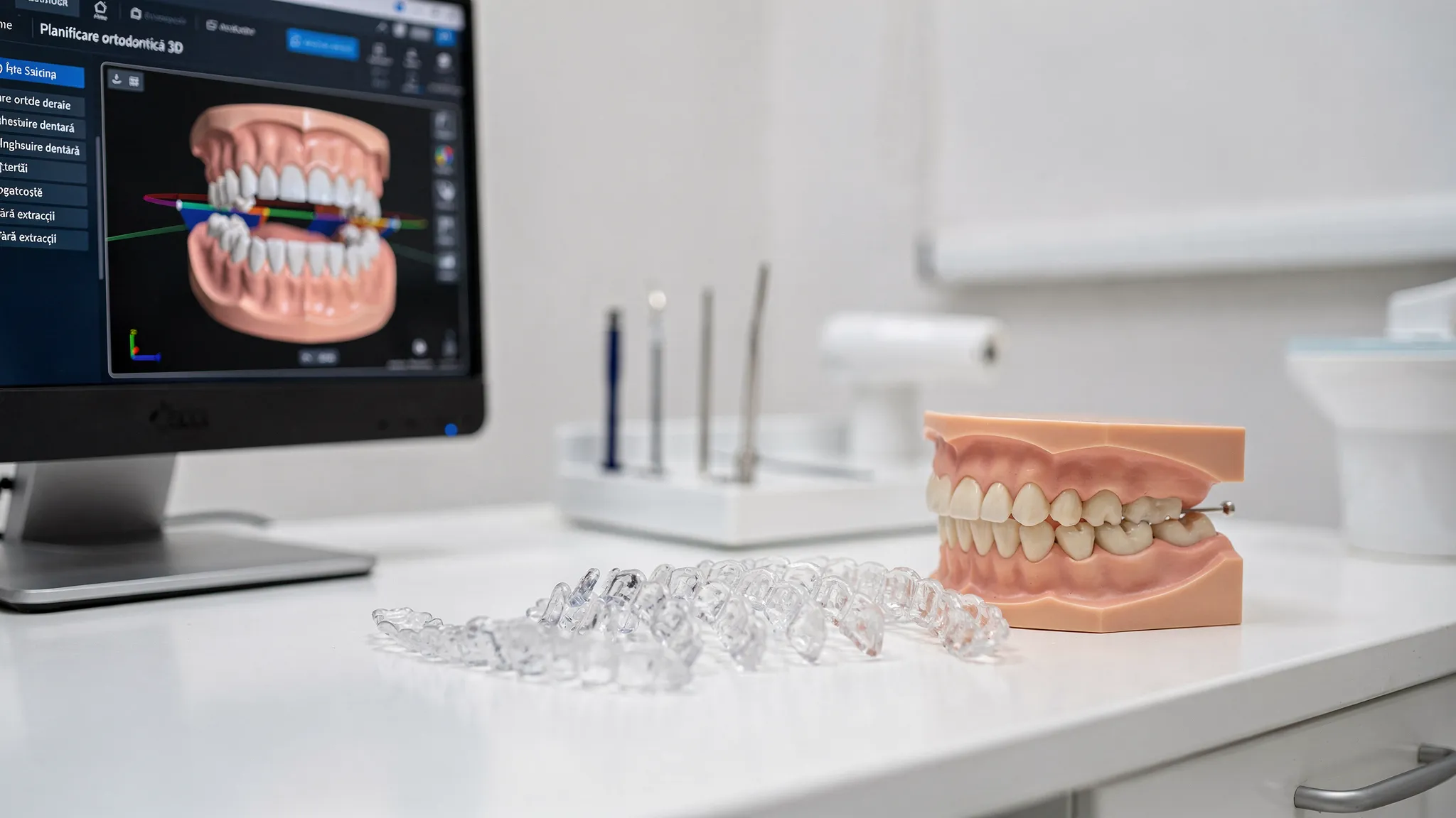 Modele dentare digitale și alignere transparente așezate lângă o arcadă dentară, sugerând planificarea ortodontică 3D pentru înghesuire dentară fără extracții.