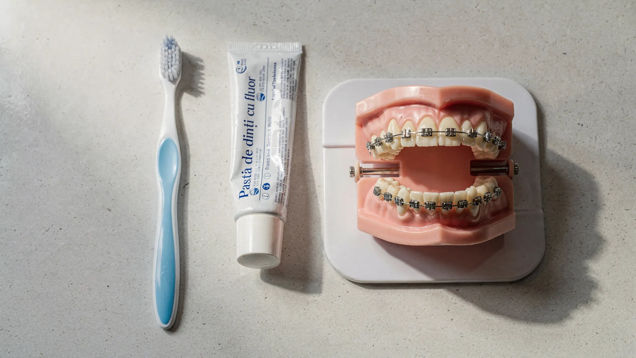 O periuță de dinți cu peri moi, pastă cu fluor și un model dentar cu aparat fix, așezate pe o suprafață curată, văzute de sus, sugerând rutina zilnică de igienă ortodontică.