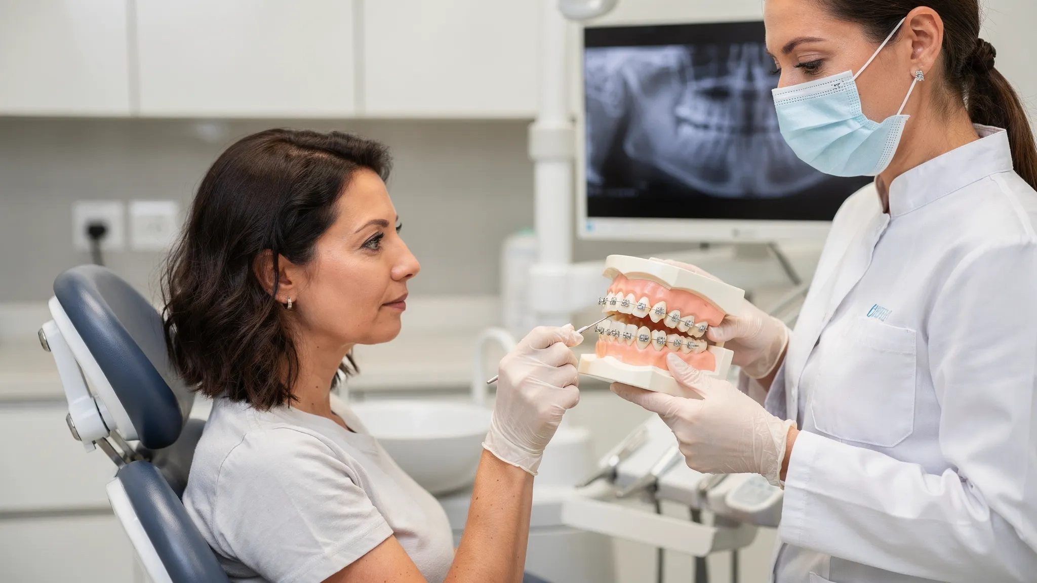 Pacientă adultă la consultație ortodontică, medicul explică pe un model dentar poziția dinților și modul în care un tratament modern poate corecta mușcătura cu mișcări controlate.