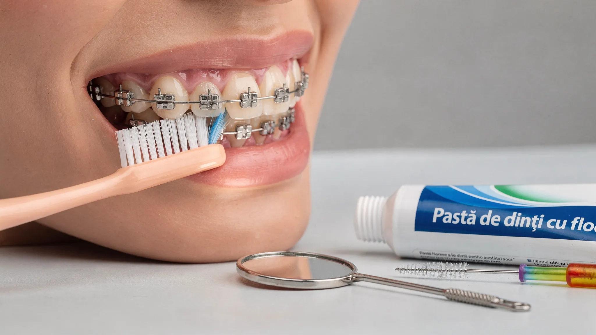 Prim-plan lateral al dinților cu aparat dentar fix, o periuță cu peri moi aplicată la marginea gingiei; lângă o oglindă dentară, periuța interdentară și tubul de pastă cu fluor sunt așezate pe masă, sugerând rutina de prevenire a petelor albe în tratamentul ortodontic.