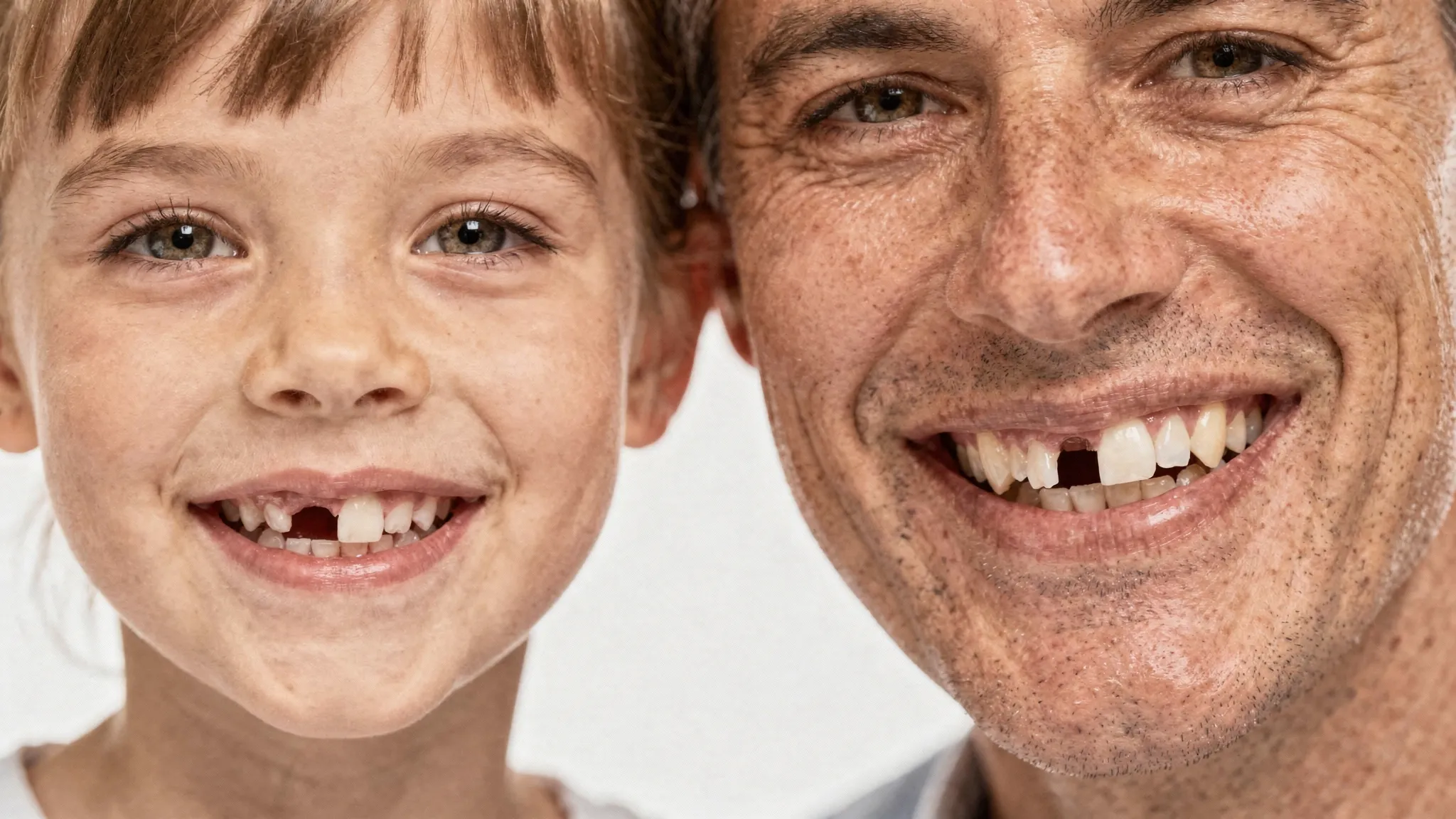 Un zâmbet de copil și un zâmbet de adult, ambele cu spațiu discret între incisivii superiori, sugerând diferențele dintre diastema de dezvoltare și cea prezentă la vârsta adultă.