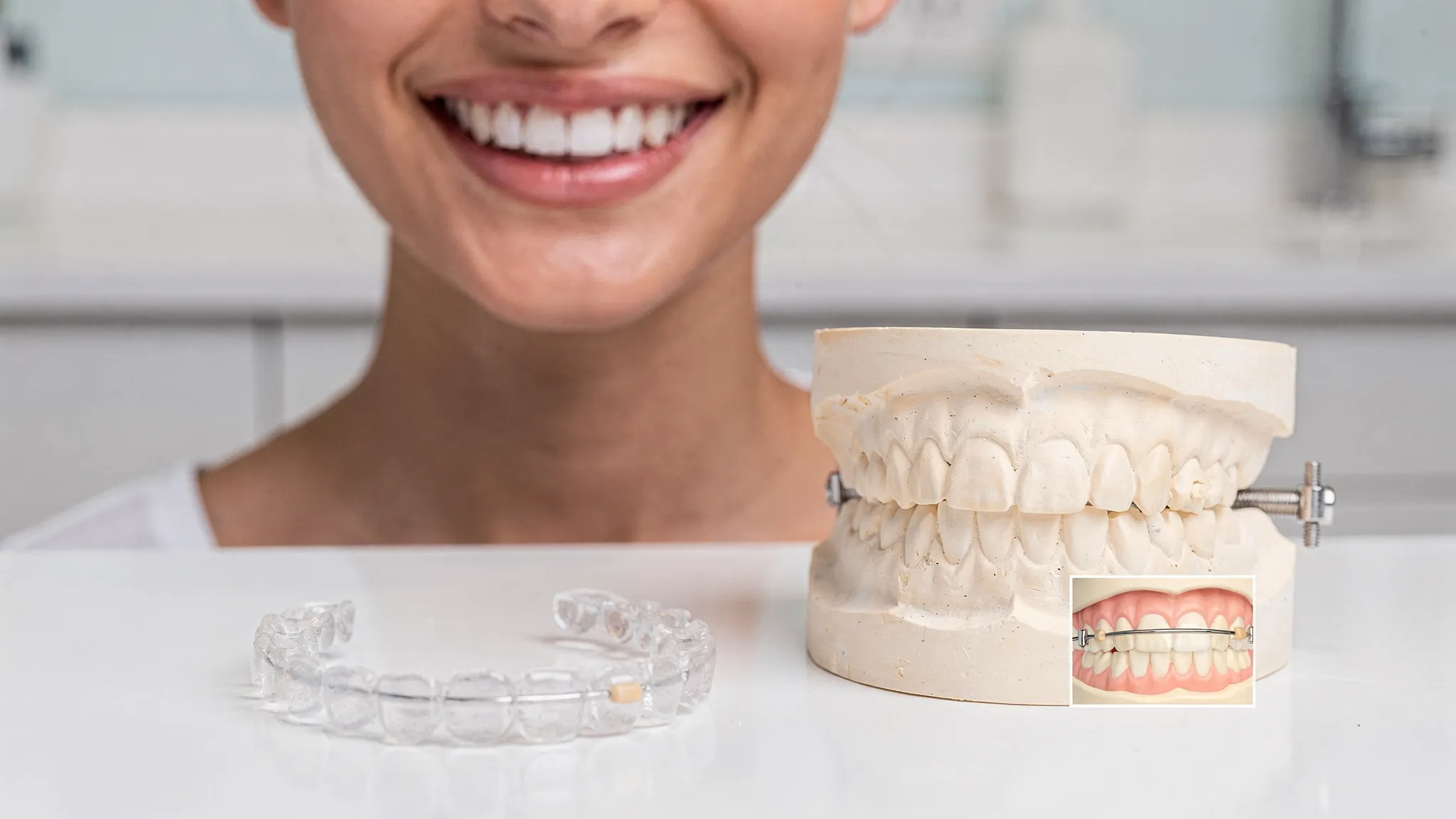 Un zâmbet natural după tratament ortodontic, cu o gutieră transparentă de contenție așezată lângă un model dentar și o ilustrare discretă a contenției fixe pe partea interioară a dinților frontali.