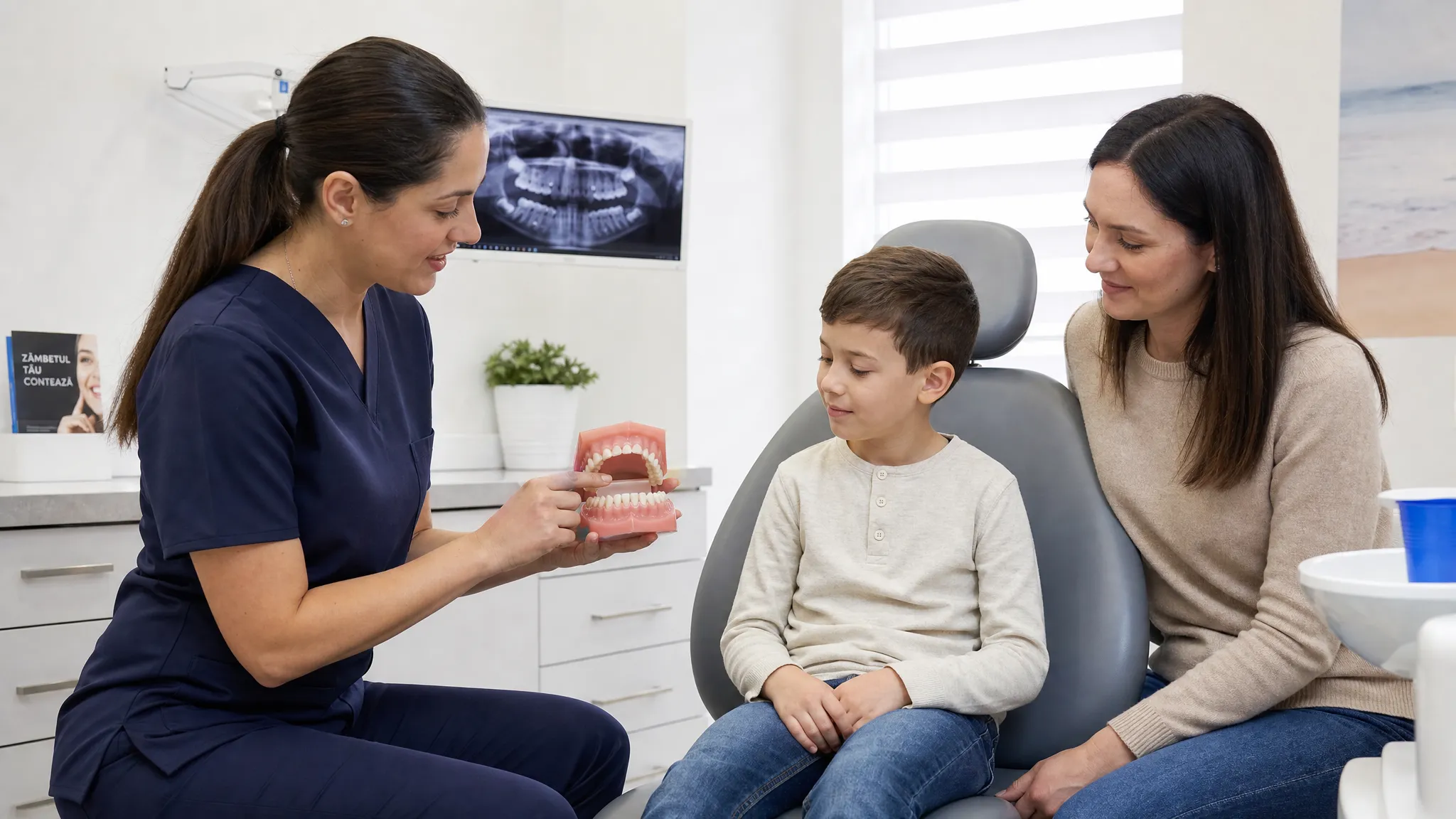 Copil aflat la consult ortodontic, cu un medic care îi arată pe un model dentar diferența dintre dinții de lapte și dinții permanenți în erupție, într-un cadru mediu-larg, la nivelul ochilor, cu părintele alături.