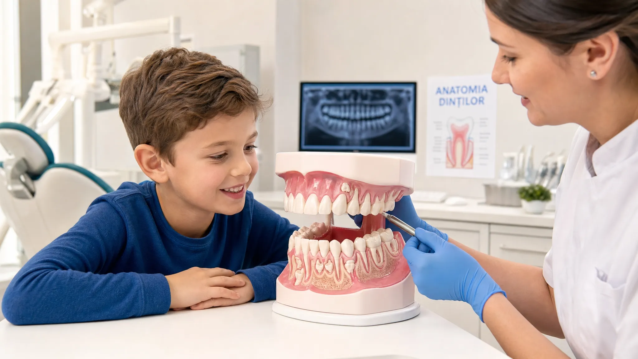 Copil de vârstă școlară zâmbind lângă un model dentar, în timp ce medicul indică zonele unde apar dinții definitivi.