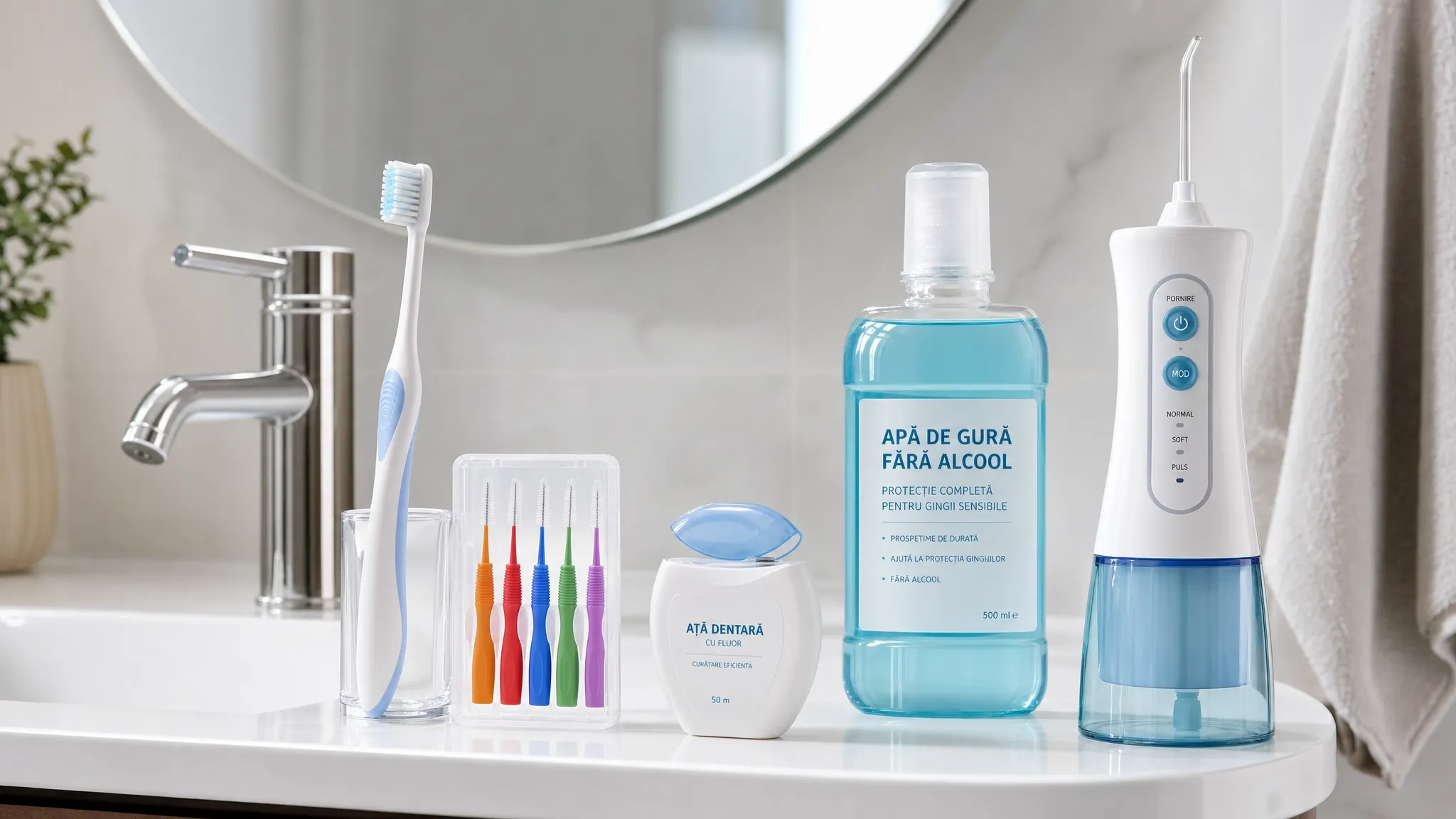 Produse blânde de igienă orală pentru gingii sensibile, cu periuță cu peri moi, periuțe interdentare de dimensiuni diferite, ață dentară, apă de gură fără alcool și irigator bucal aranjate pe marginea unei chiuvete moderne, cu oglinda și robinetul în fundal.