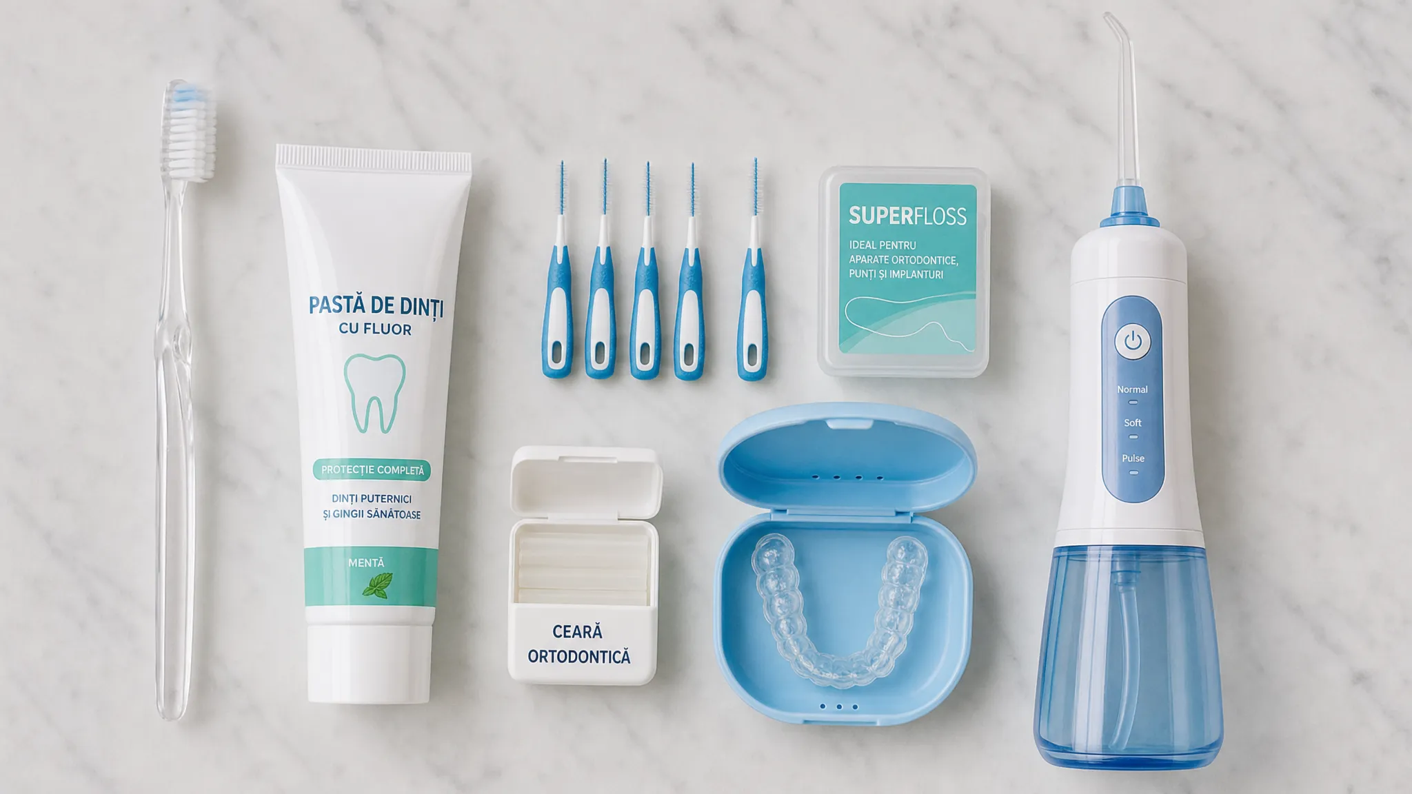 Produse ortodontice așezate ordonat pe o suprafață curată, văzute de sus: periuță cu peri moi, pastă de dinți cu fluor, periuțe interdentare, superfloss, ceară ortodontică, cutie pentru alignere și duș bucal portabil.