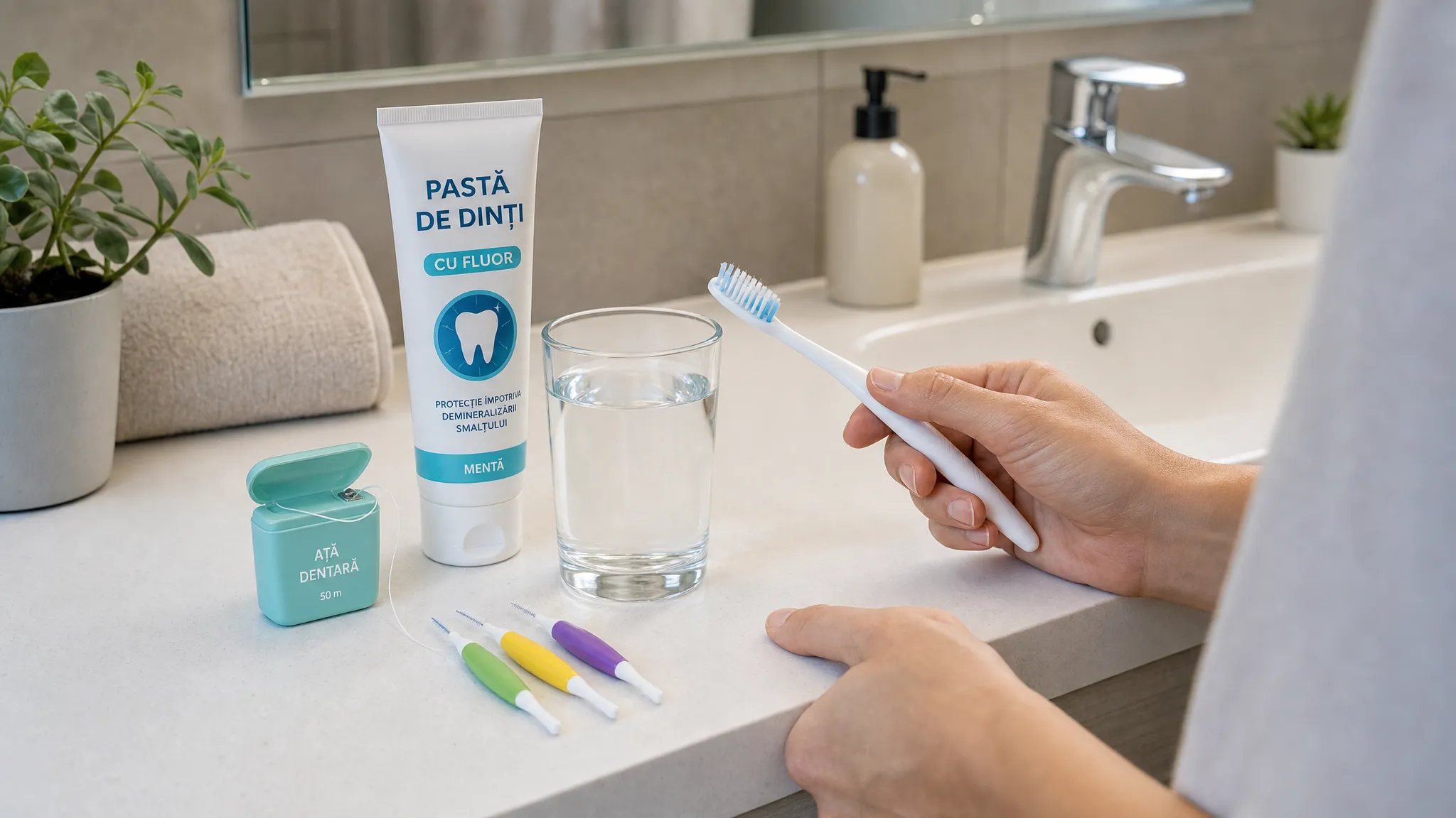 Un adult își pregătește rutina de igienă orală pe o mască de baie ordonată, cu periuță cu peri moi, pastă de dinți cu fluor, ață dentară, periuțe interdentare și un pahar cu apă, sugerând prevenția demineralizării smalțului.