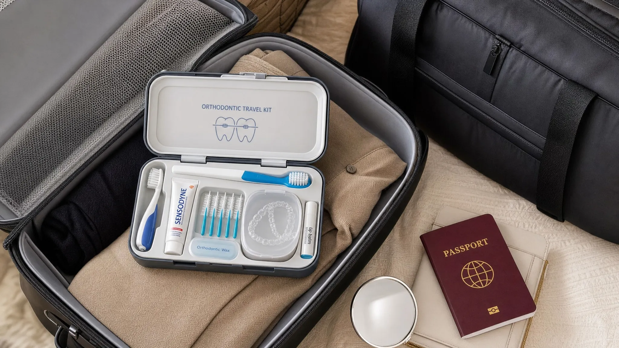 Un kit ortodontic de călătorie așezat în interiorul unei valize deschise, cu periuță compactă, pastă de dinți, periuțe interdentare, ceară ortodontică, cutie pentru alignere, balsam de buze și o oglindă mică, lângă un pașaport și o geantă de voiaj.