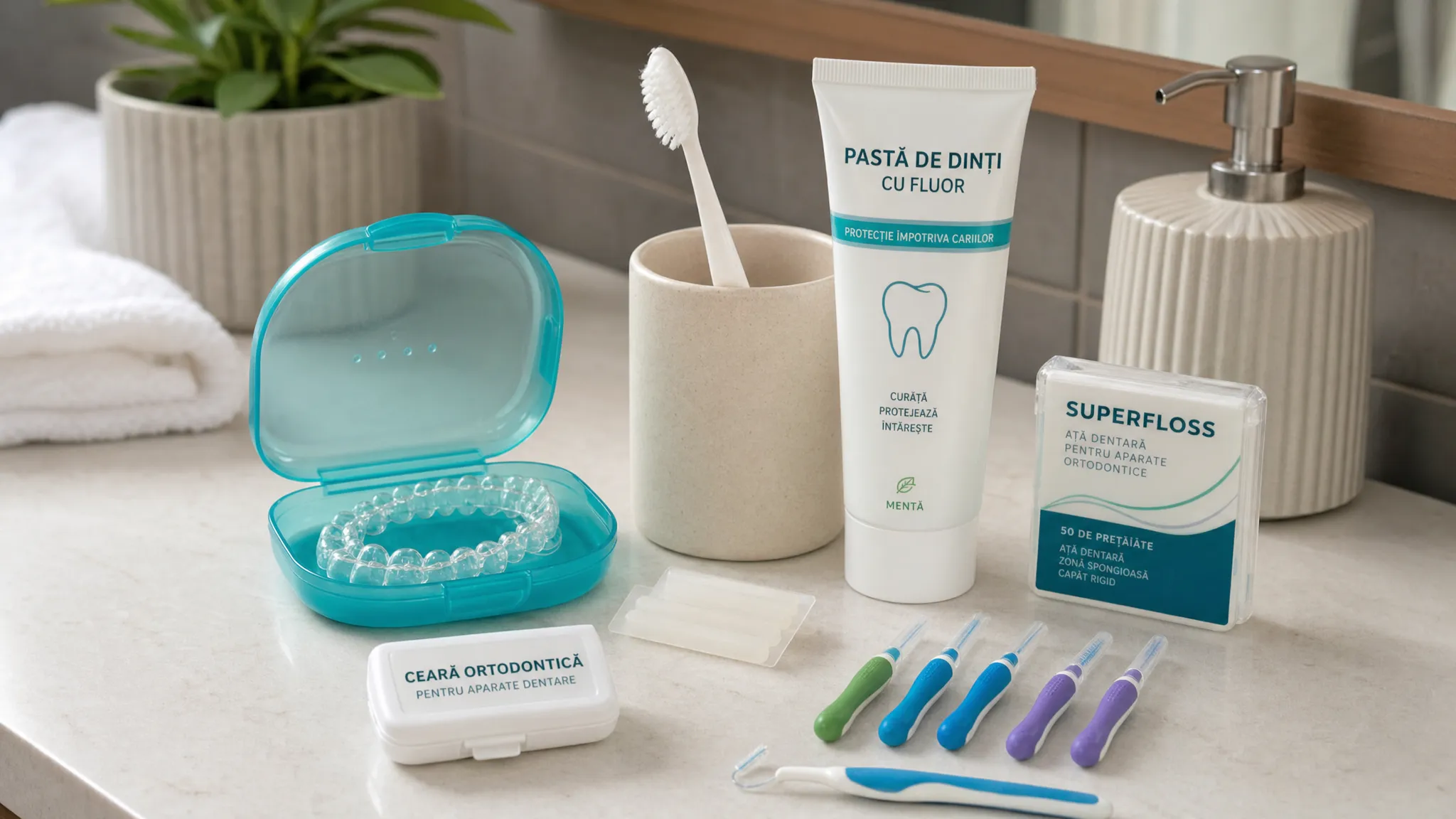 Un kit ortodontic organizat pe o suprafață curată de baie, cu periuță moale, pastă de dinți cu fluor, periuțe interdentare, superfloss, ceară ortodontică și cutie pentru alignere, pregătit pentru rutina zilnică de îngrijire orală.