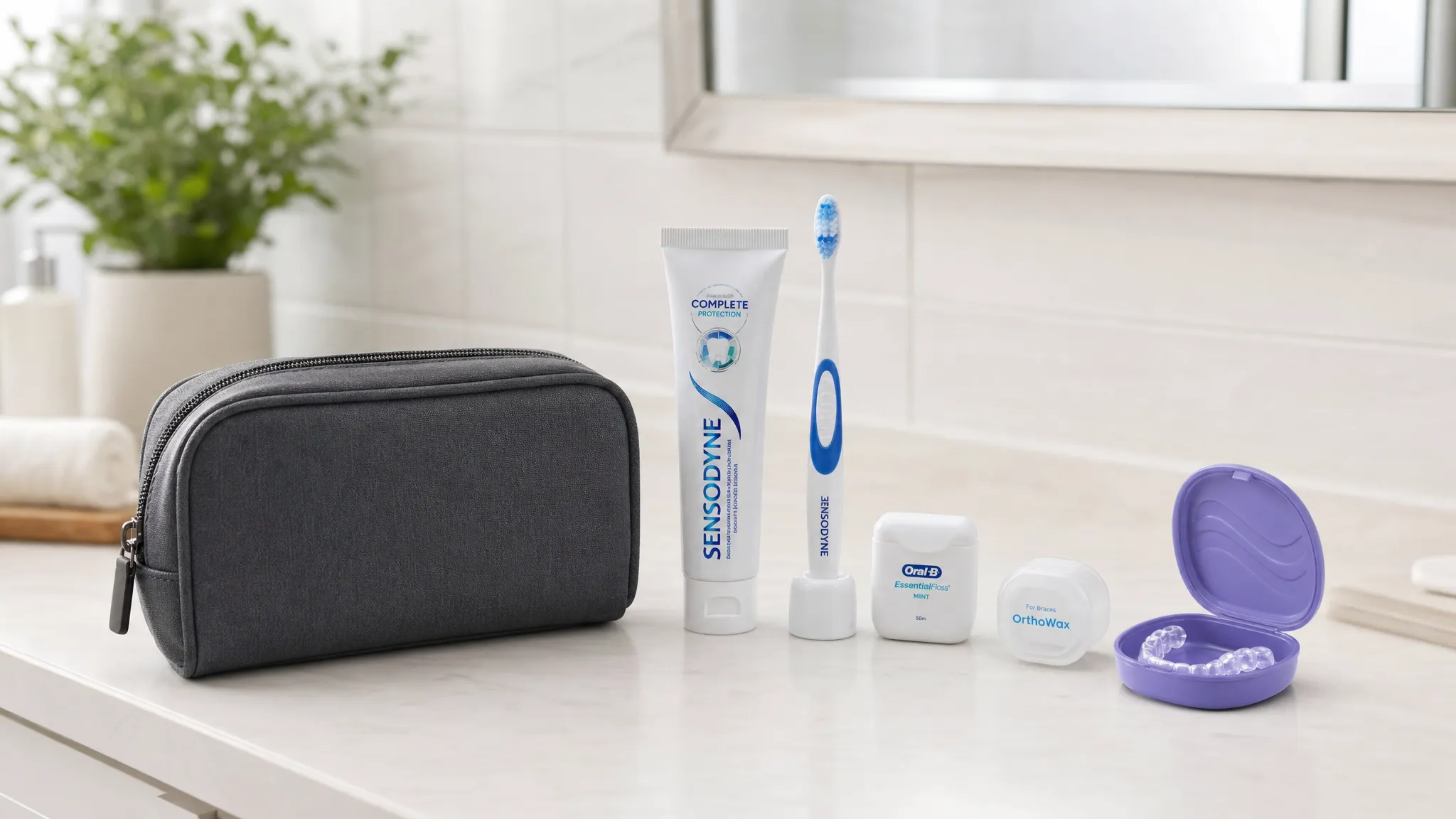 Un kit simplu pentru începerea tratamentului ortodontic, cu periuță moale, pastă cu fluor, ață dentară, ceară ortodontică, cutie pentru alignere și o borsetă mică, așezate ordonat pe o masă curată din baie, cu spațiu liber în jur.