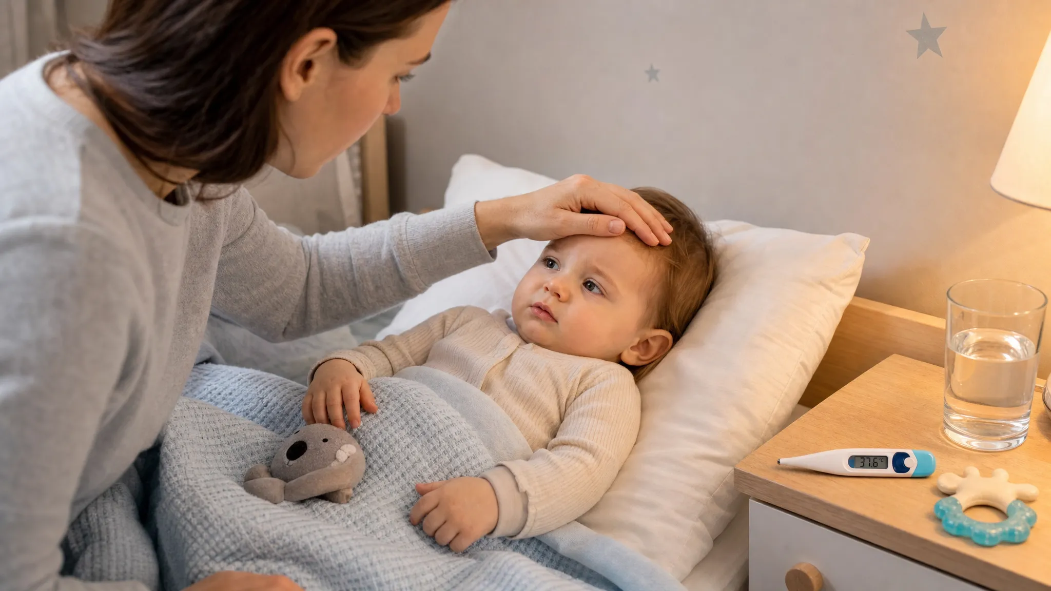 Un părinte verifică blând temperatura unui copil mic care stă în pat, iar pe noptieră se află un termometru digital, un pahar cu apă și o jucărie de dentiție, sugerând monitorizarea atentă a febrei în perioada erupției dentare.