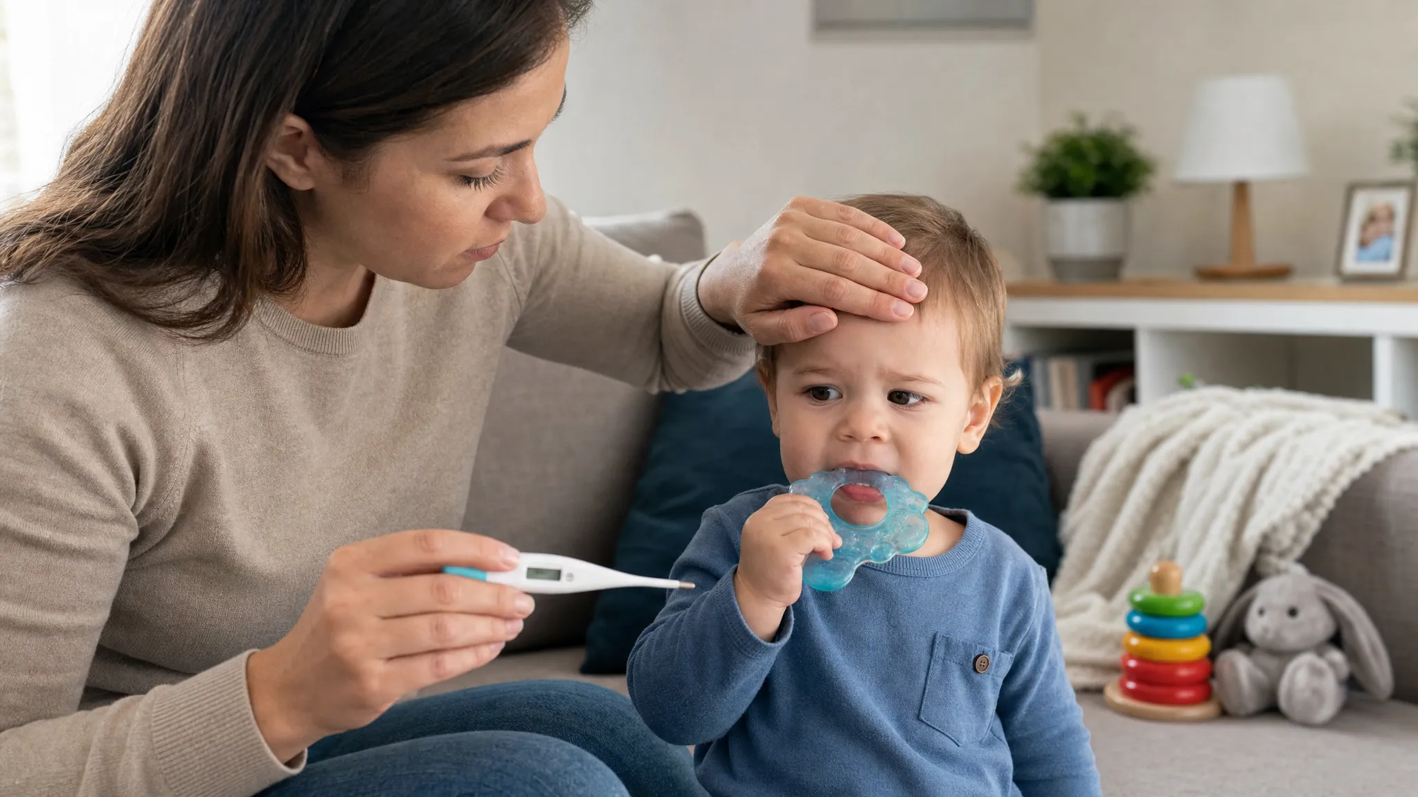 Un părinte verifică temperatura unui copil mic care ține în mână un inel gingival rece, într-o cameră de zi liniștită, cu o canapea, o pătură și câteva jucării așezate ordonat în fundal, sugerând diferența dintre disconfortul dentar și febră.