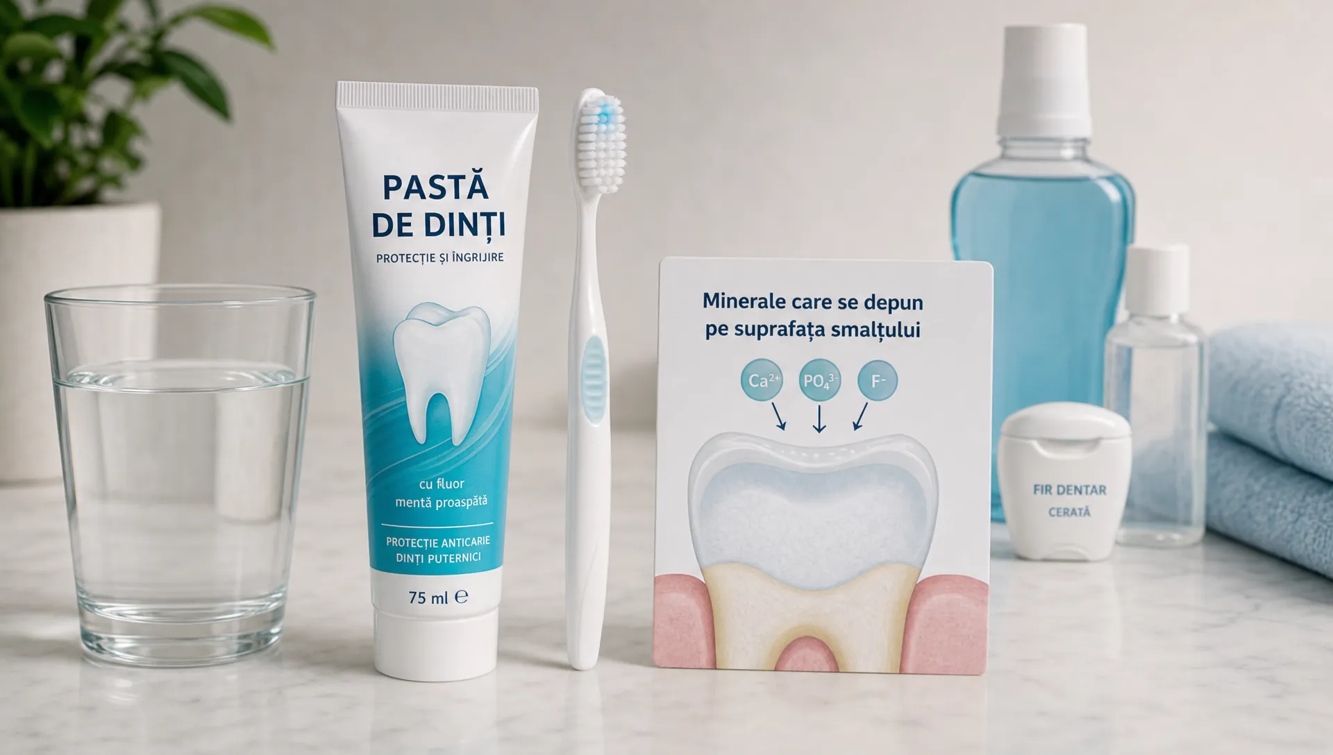 O pastă de dinți, o periuță cu peri moi și o reprezentare simplă a smalțului dentar cu minerale care se depun pe suprafața dintelui, așezate pe un blat curat lângă un pahar cu apă și câteva produse de igienă orală.