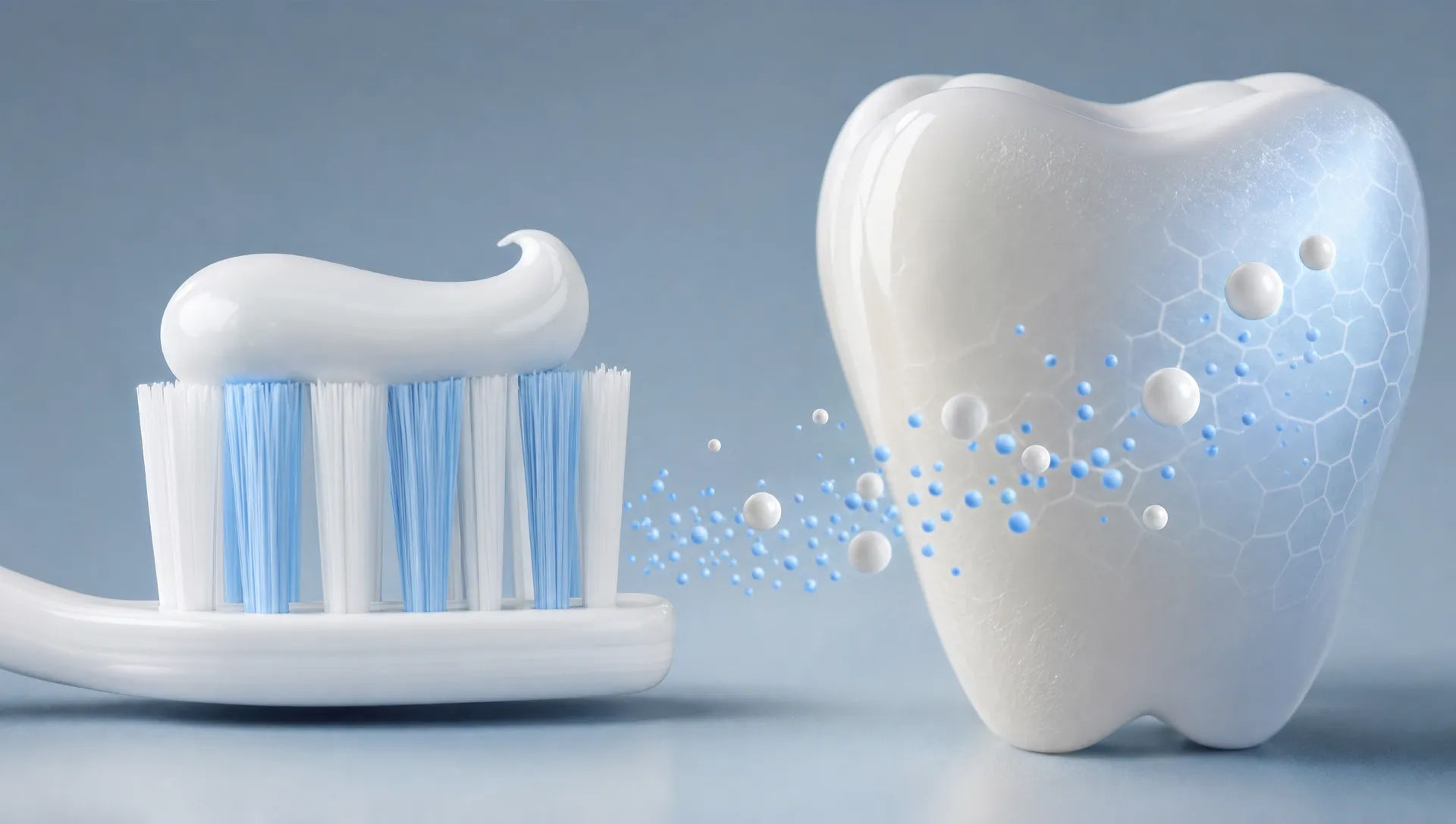 O periuță de dinți cu pastă albă lângă o reprezentare simplă a smalțului dentar, cu particule minerale care se depun pe suprafața dintelui pentru a sugera remineralizarea incipientă.