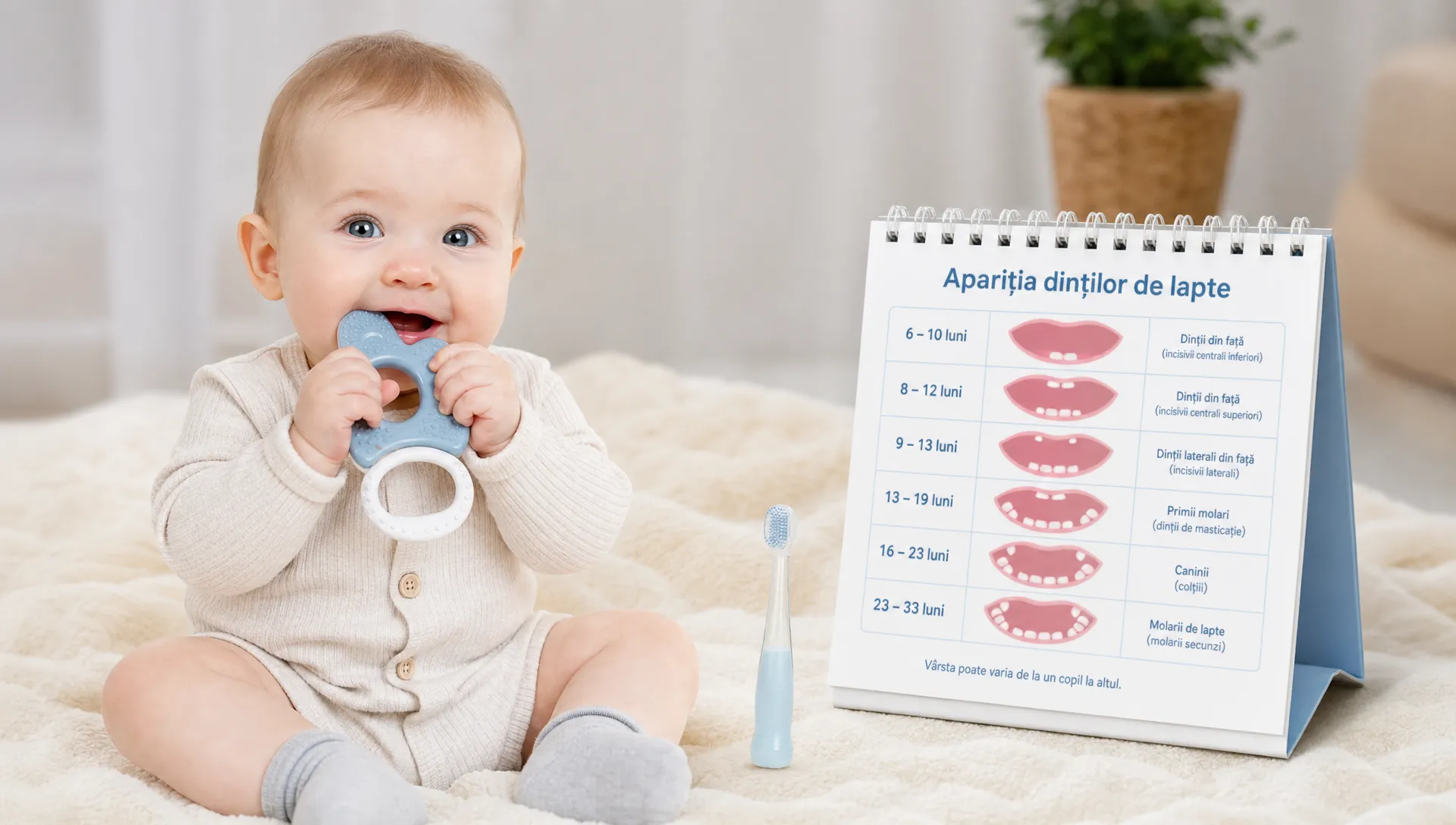 Un bebeluș stă pe o pătură moale și ține în mână o jucărie de dentiție, iar lângă el se află o periuță mică pentru bebeluși și un calendar simplu cu etapele apariției dinților de lapte.