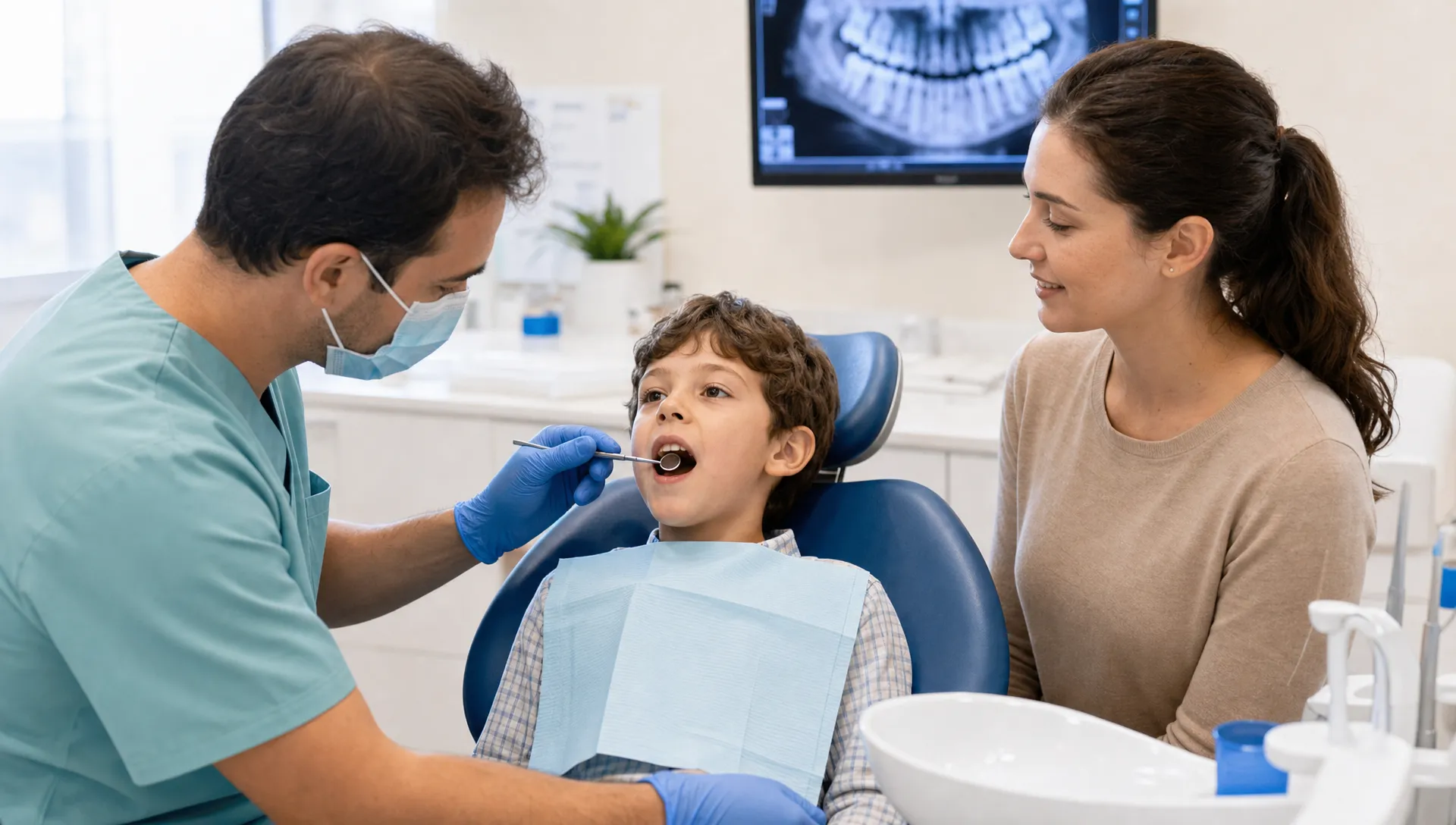 Un copil stă pe scaunul stomatologic în timpul unui consult, iar medicul examinează atent dinții cu o oglindă dentară, în timp ce părintele este alături și urmărește explicațiile.