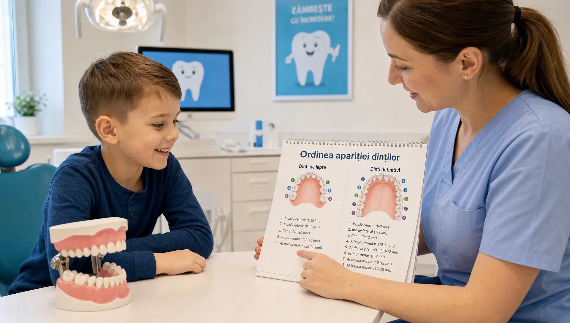 Un copil zâmbește lângă un model dentar, în timp ce un medic arată ordinea apariției dinților de lapte și a dinților definitivi pe masă, într-un cabinet luminos.