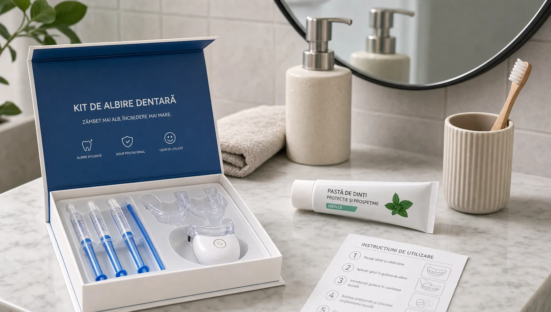 Un kit de albire dentară așezat pe blatul unei băi, lângă o periuță cu peri moi, pastă de dinți și o oglindă de baie, sugerând verificarea atentă a produselor înainte de folosire.
