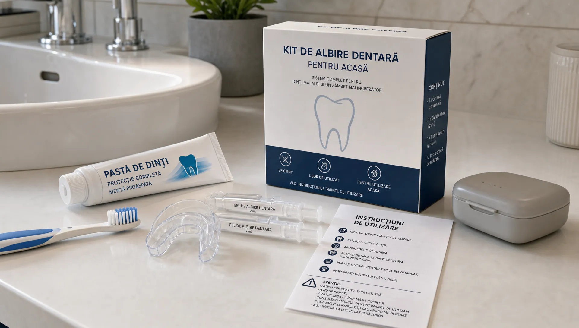 Un kit de albire dentară pentru acasă așezat lângă o periuță, pastă de dinți și o gutieră transparentă, pe un blat de baie lângă chiuvetă, cu accent pe verificarea instrucțiunilor și folosire responsabilă.