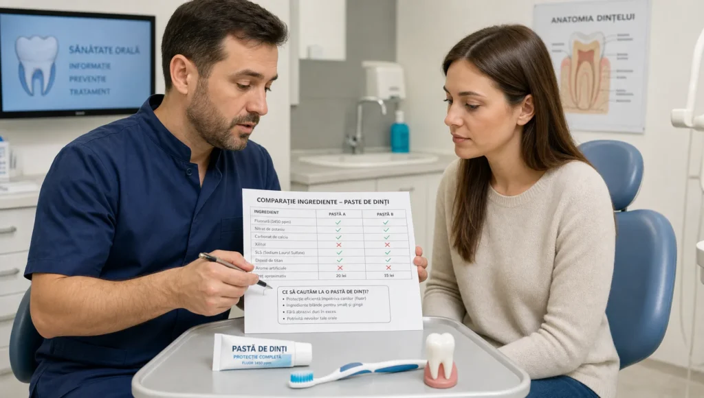 Dentist și pacient analizând o fișă cu ingrediente pentru pasta de dinți, într-o consultație despre protecția smalțului.
