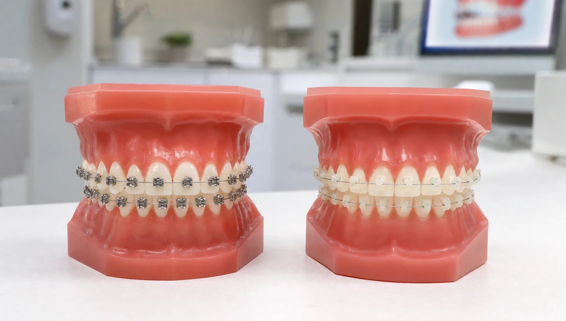 Două modele dentare alăturate, unul cu aparat dentar fix cu brackets metalici și unul cu brackets ceramici discreți, așezate pe o masă de consultație, pentru a evidenția diferența de vizibilitate între cele două opțiuni.