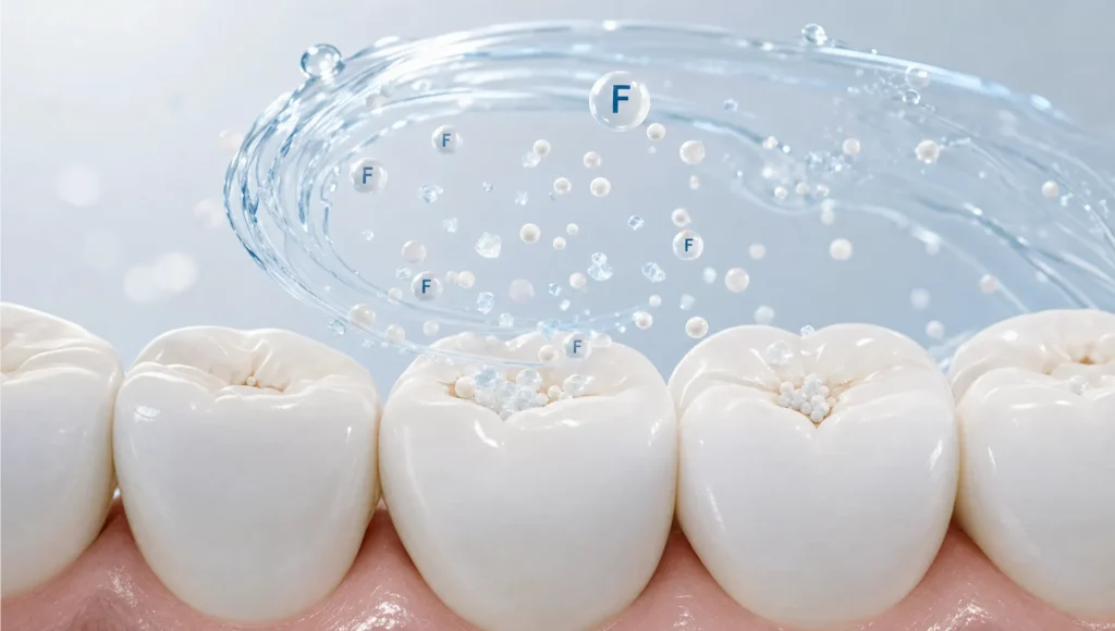Mai multe suprafețe dentare simbolice primesc fluorul ca să susțină remineralizarea și protecția smalțului.