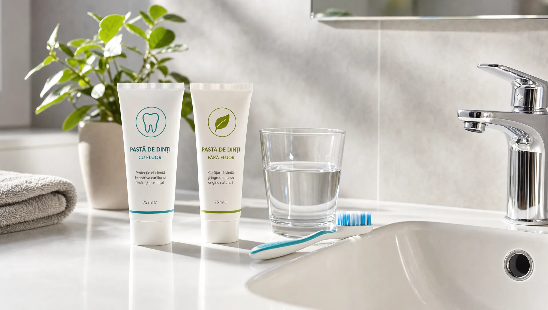 O chiuvetă de baie luminoasă cu o periuță de dinți, două tuburi de pastă de dinți și un pahar cu apă alături, sugerând comparația dintre pasta cu fluor și pasta fără fluor în rutina zilnică de igienă orală.