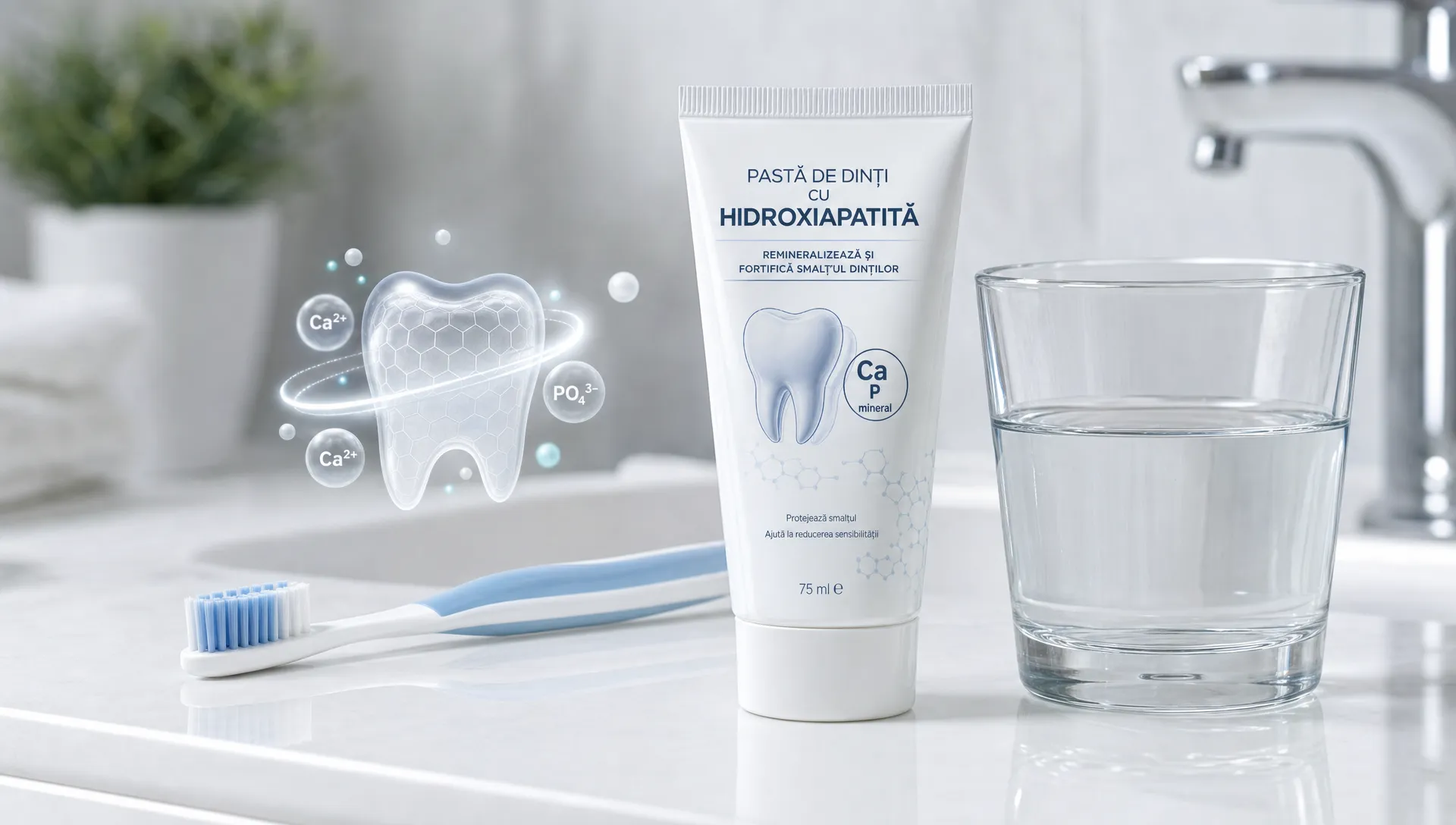 O pastă de dinți cu hidroxiapatită lângă o periuță de dinți și un pahar cu apă pe o chiuvetă curată, cu elemente vizuale discrete care sugerează minerale de calciu și fosfat așezate pe suprafața smalțului.