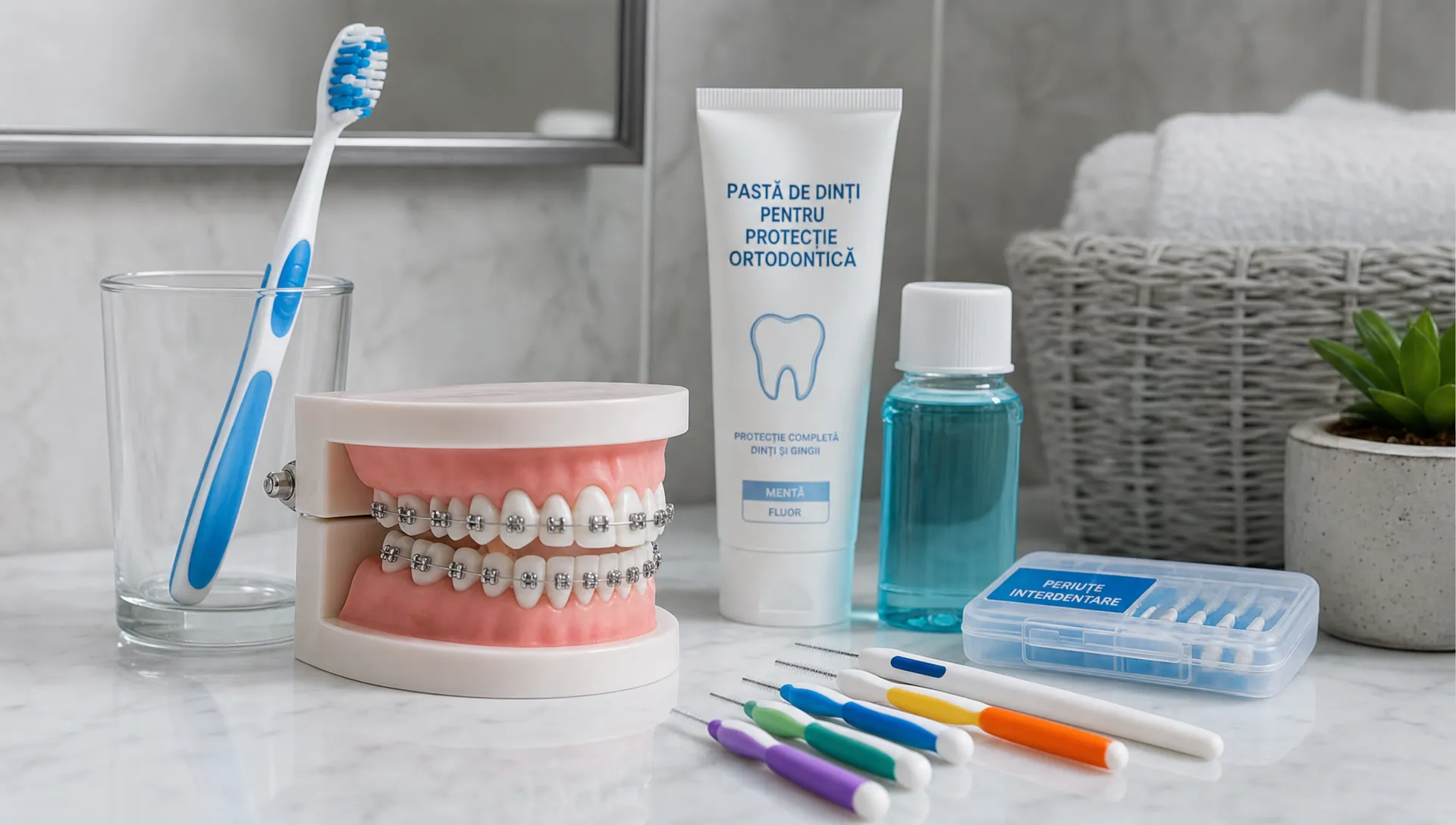 O periuță cu peri moi alături de un model dentar cu aparat fix, periuțe interdentare și pastă de dinți, pe un blat de baie ordonat, sugerând rutina completă de igienă ortodontică.