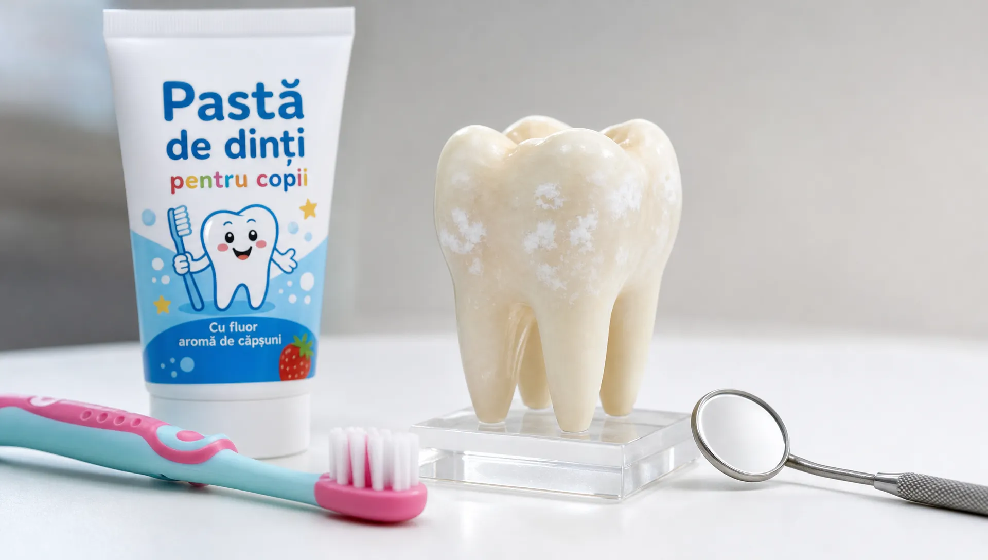 Pastă de dinți pentru copii, o periuță mică și o oglindă dentară lângă un model de dinte cu pete albe de demineralizare.