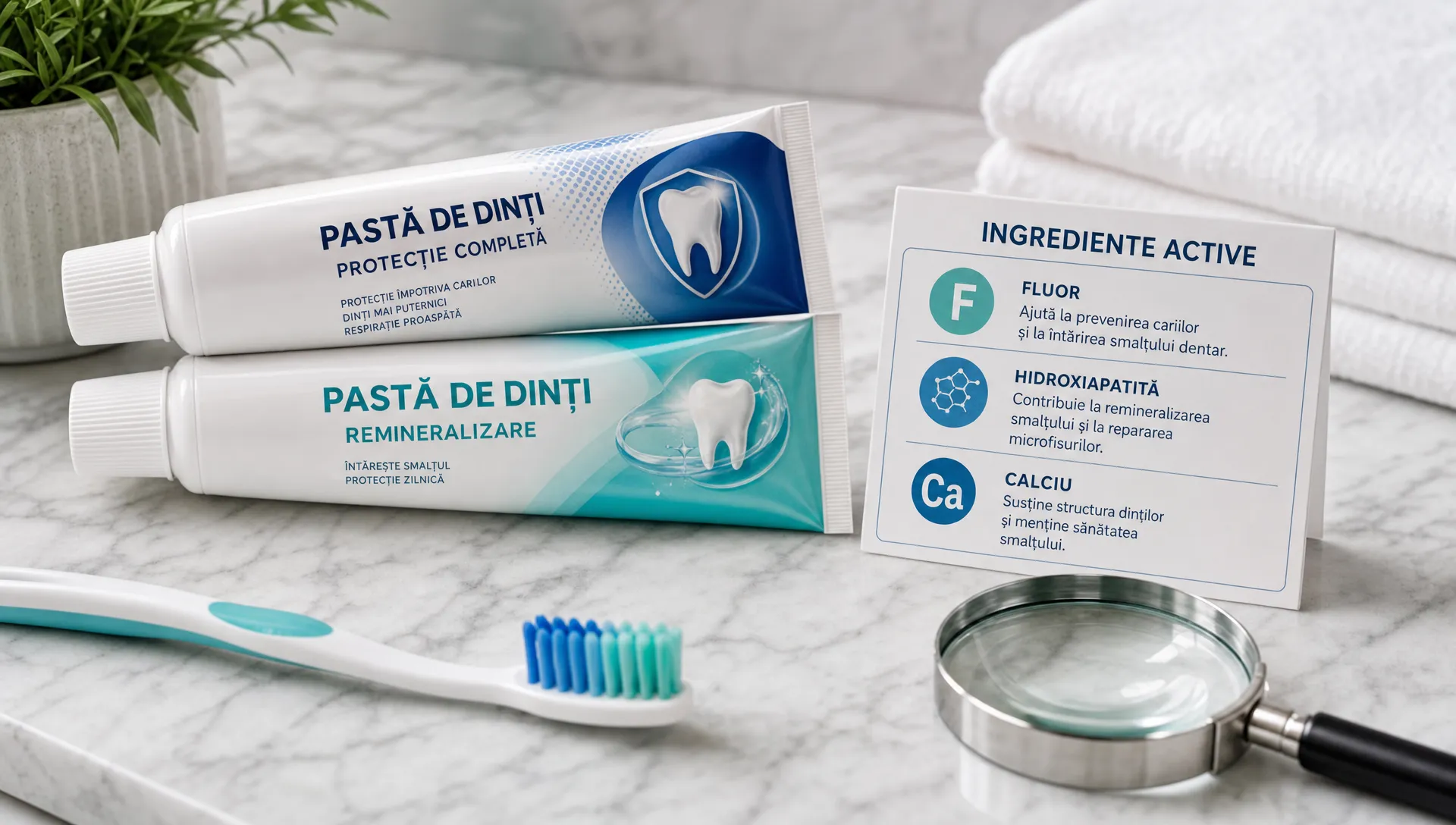 Tuburi de pastă de dinți lângă o periuță, o lupă și o etichetă cu ingrediente active precum fluor, hidroxiapatită și calciu, pe un blat de baie.