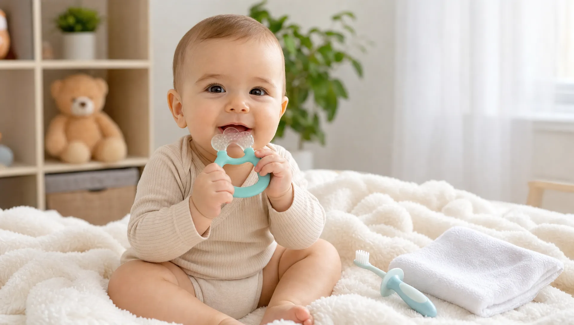 Un bebeluș stă pe o pătură moale, ținând în mână o jucărie de dentiție, iar lângă el se află o periuță mică pentru bebeluși și un prosop curat. Scena sugerează îngrijirea blândă a gingiilor în perioada apariției primilor dinți.