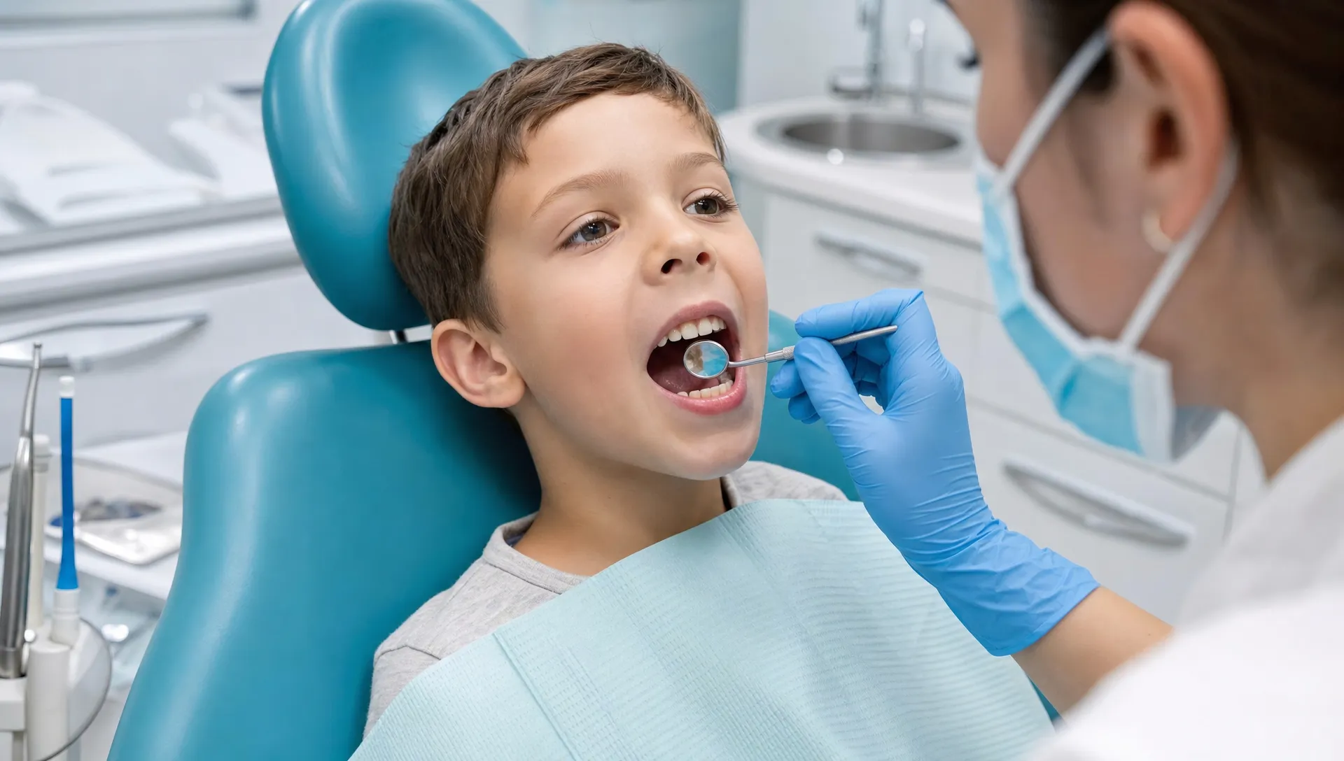Un copil stă pe scaunul stomatologic, iar medicul examinează atent petele de pe dinți cu o oglindă dentară mică.