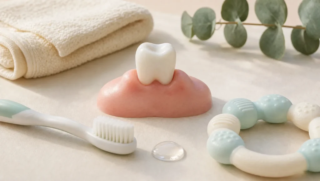 Un dințișor de lapte iese din gingie, înconjurat de o periuță moale și un inel de dentiție care sugerează începutul îngrijirii orale.