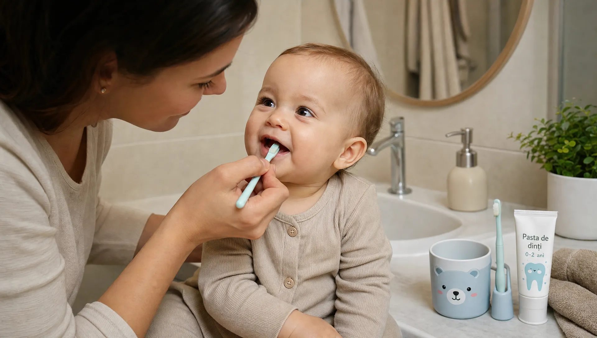 Un părinte îi periază primul dințișor unui bebeluș la chiuvetă, într-o baie calmă, cu obiecte simple de igienă orală pe blat.