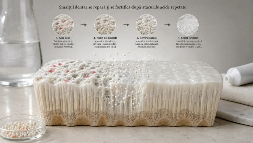 Un strat de smalț dentar care se reface în jurul unor particule minerale, sugerând protecția oferită de fluor.